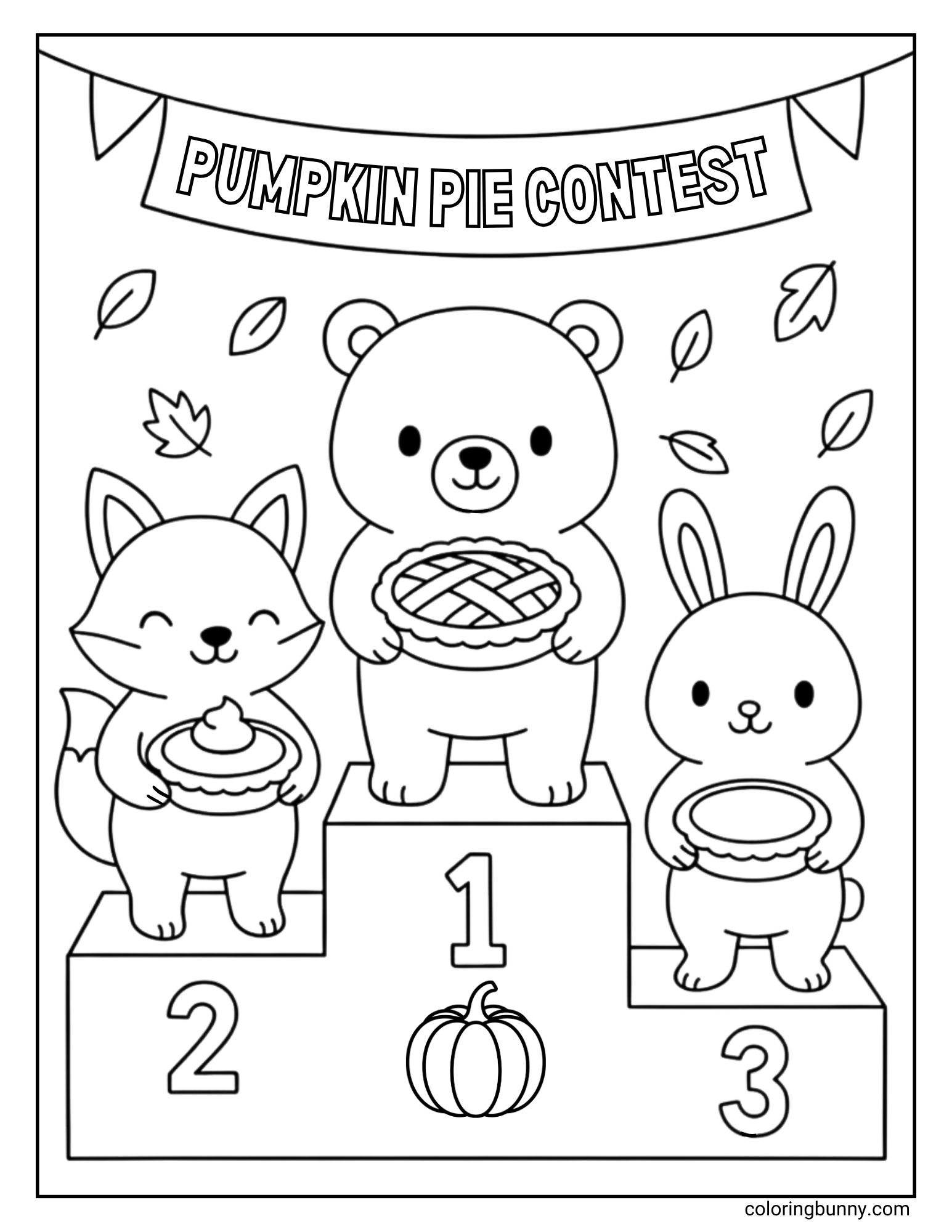 Fall coloring page showing a bear, a fox, and a rabbit on a podium with pumpkin pies, under a "PUMPKIN PIE CONTEST" banner.