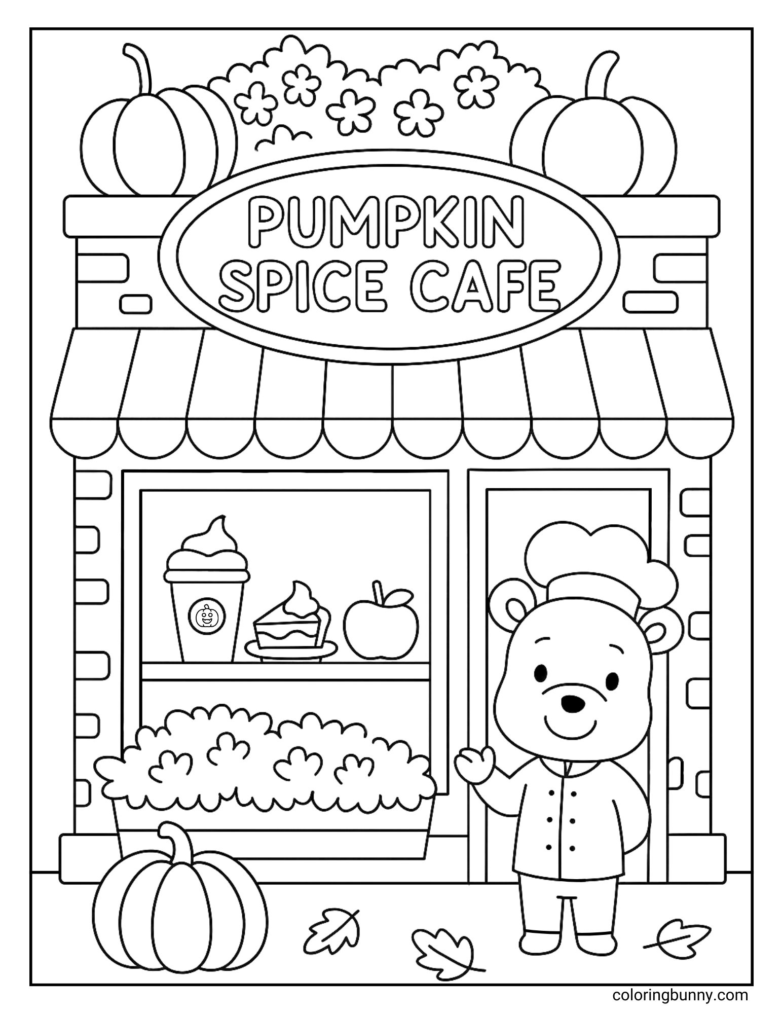 Pumpkin spice café coloring page with a bear chef standing outside, pumpkins, autumn leaves, and a shop window showing pie, a drink, and an apple.