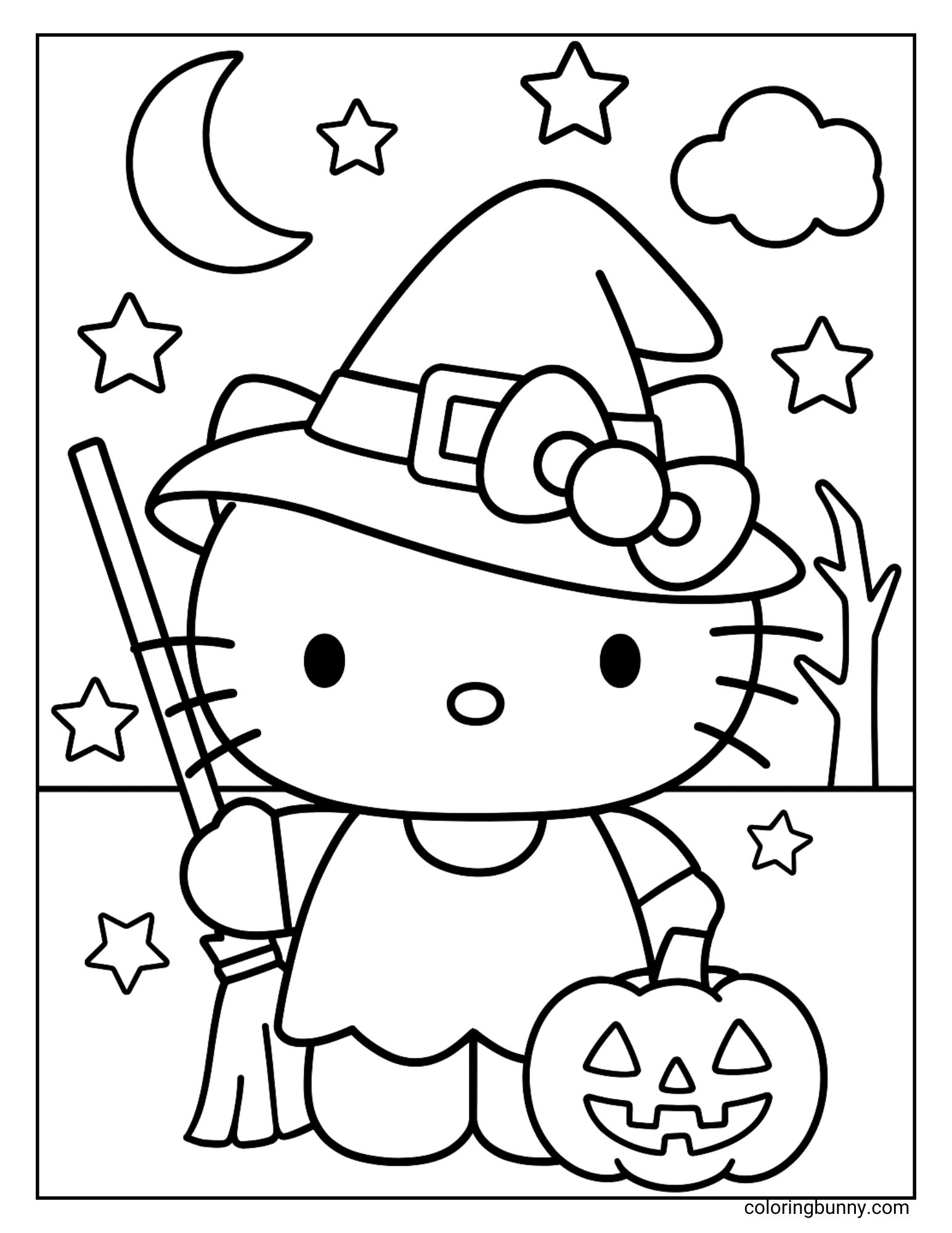 Hello Kitty Halloween coloring page with Hello Kitty in a witch costume holding a broom and a jack-o’-lantern bucket under the stars and moon.