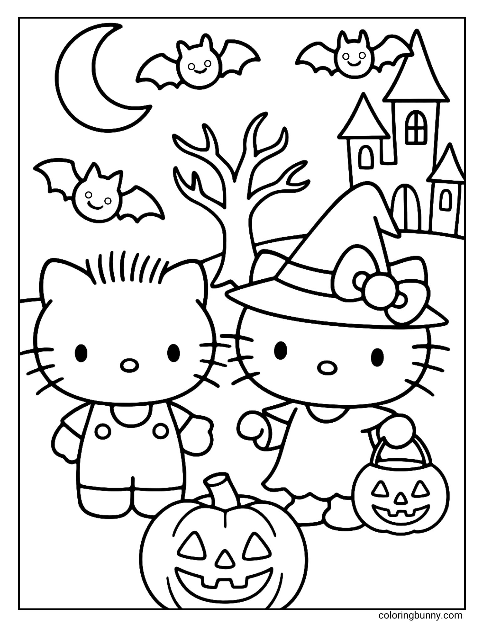 A Hello Kitty Halloween coloring page featuring Hello Kitty in a witch costume holding a pumpkin bucket, standing beside Dear Daniel in overalls. Behind them are jack-o’-lanterns, bats flying under the moon, a bare tree, and a haunted house.