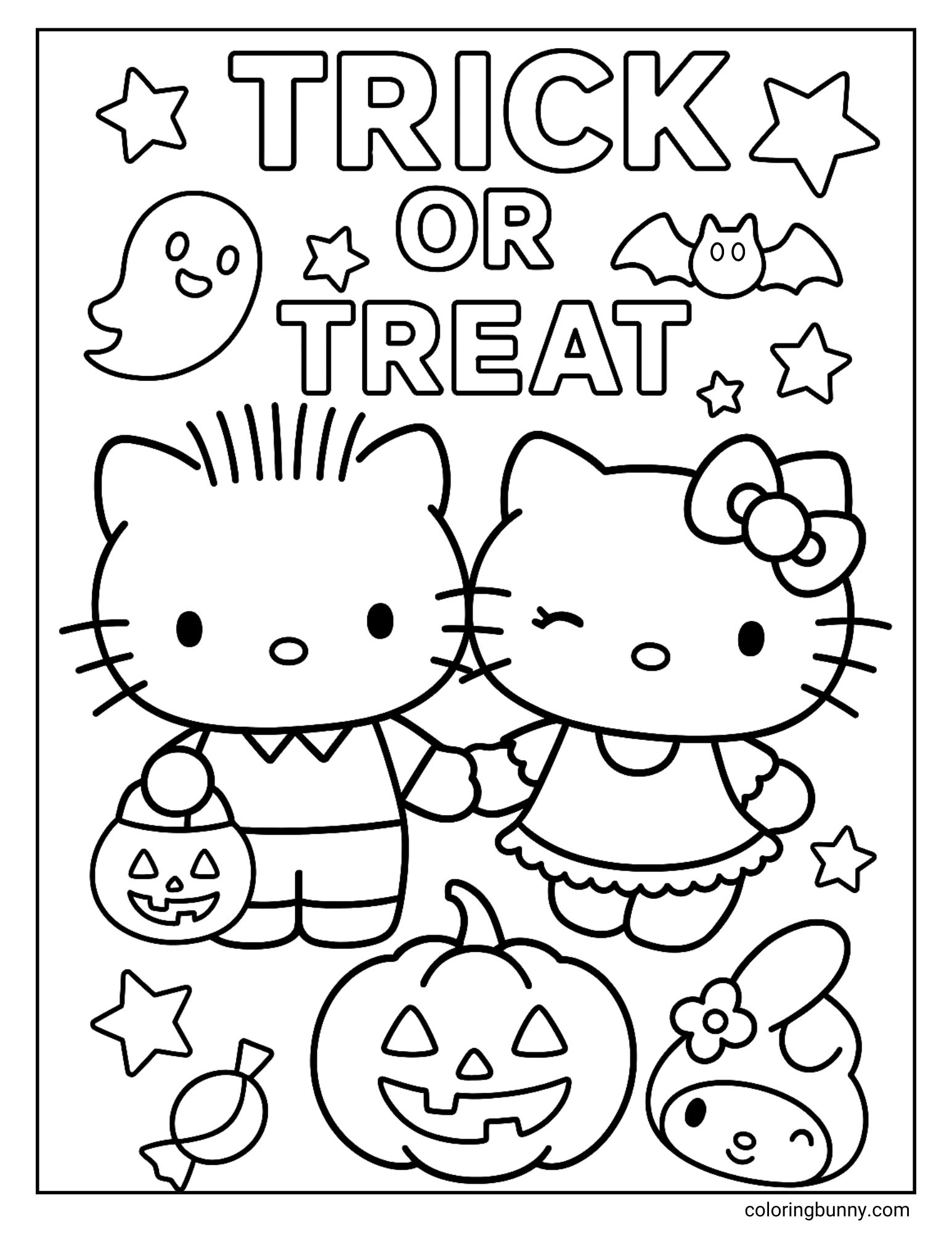 A Halloween coloring page with Hello Kitty and Dear Daniel dressed for trick-or-treating, holding hands with pumpkin candy buckets. Around them are stars, candy, bats, jack-o’-lanterns, a ghost, and the words “Trick or Treat” in bold letters.