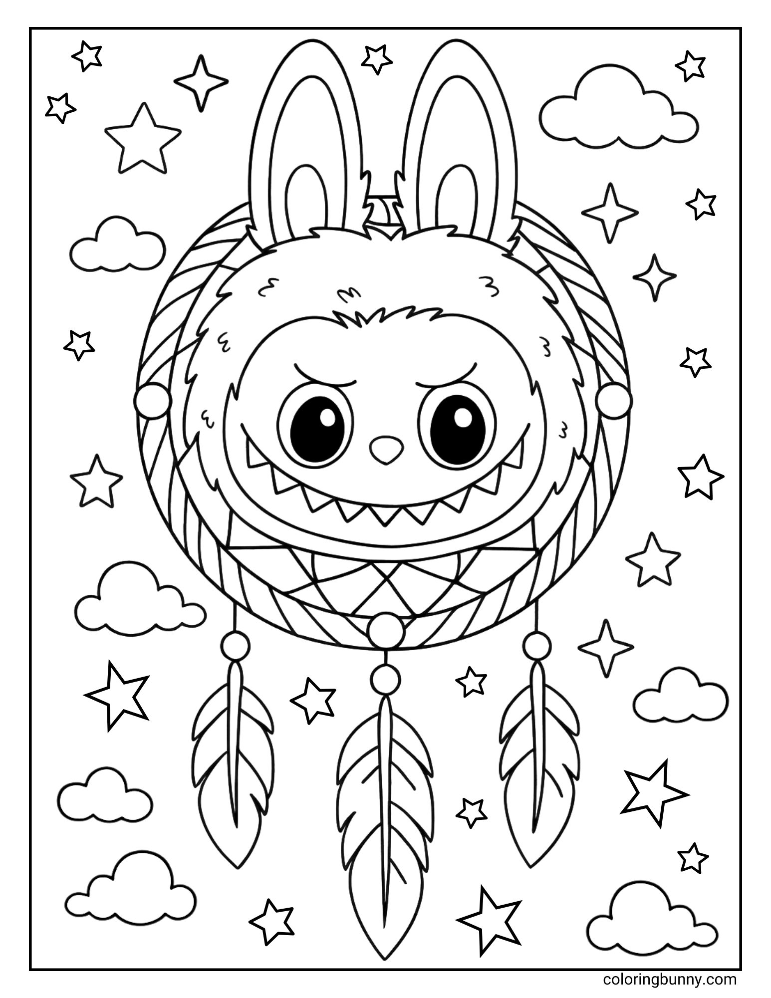 A black and white Labubu coloring page showing Labubu's face inside a dreamcatcher with feathers, stars, and clouds.