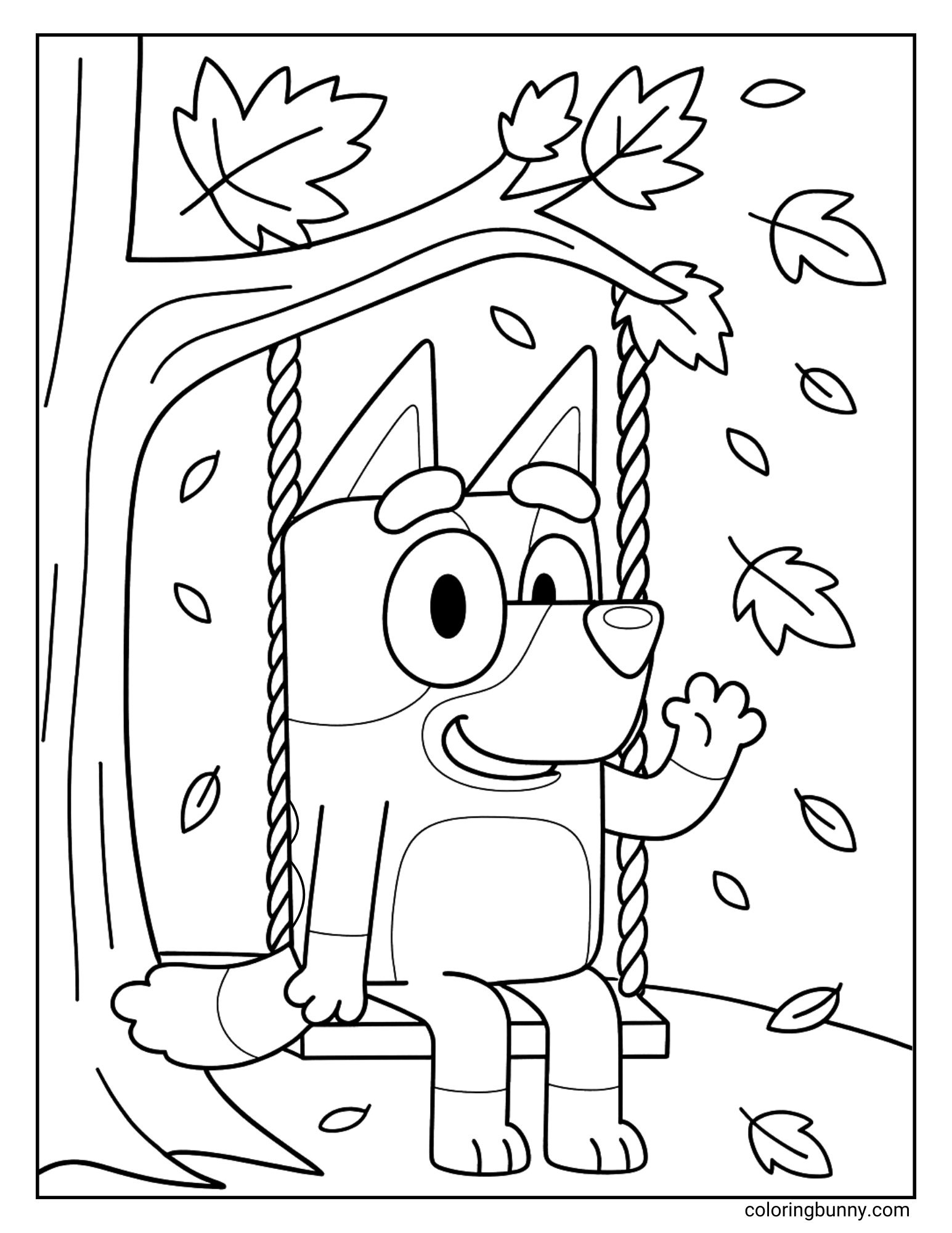 A black and white fall Bluey coloring page showing Bluey on a tree swing with autumn leaves falling around her.