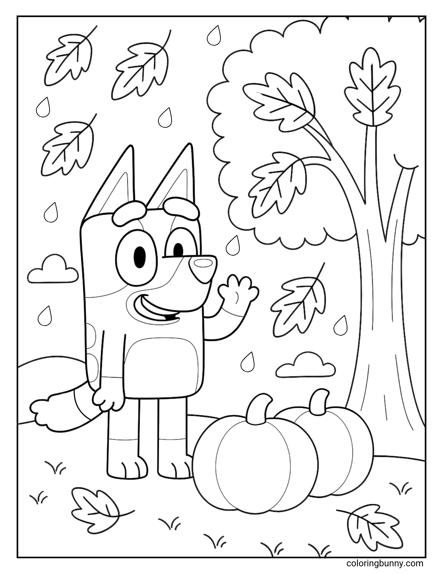 A black and white Bluey fall coloring page showing Bluey waving outside in the rain with a tree, pumpkins, and autumn leaves.