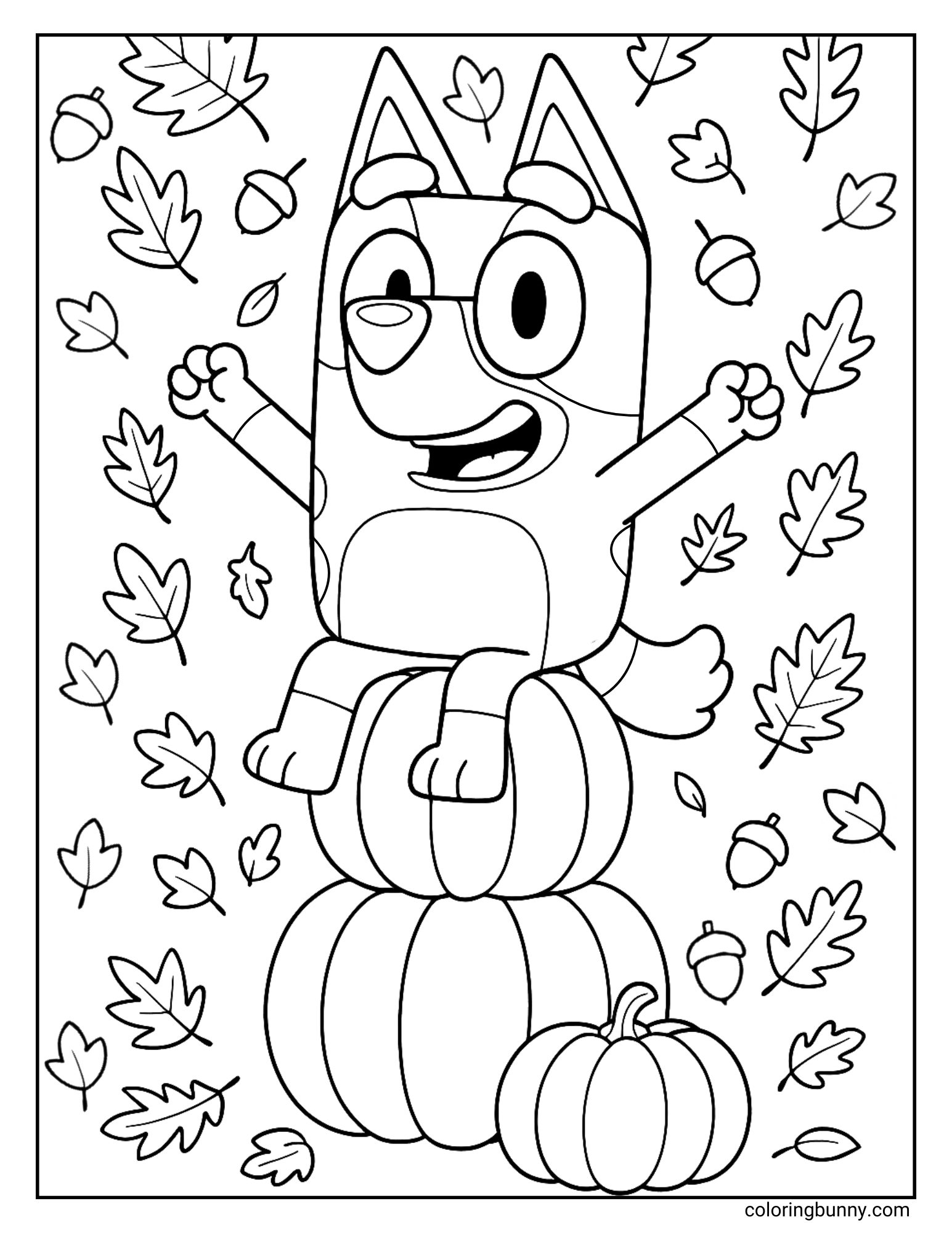 Black and white fall coloring page of Bluey sitting on a stack of pumpkins, surrounded by falling autumn leaves and acorns.
