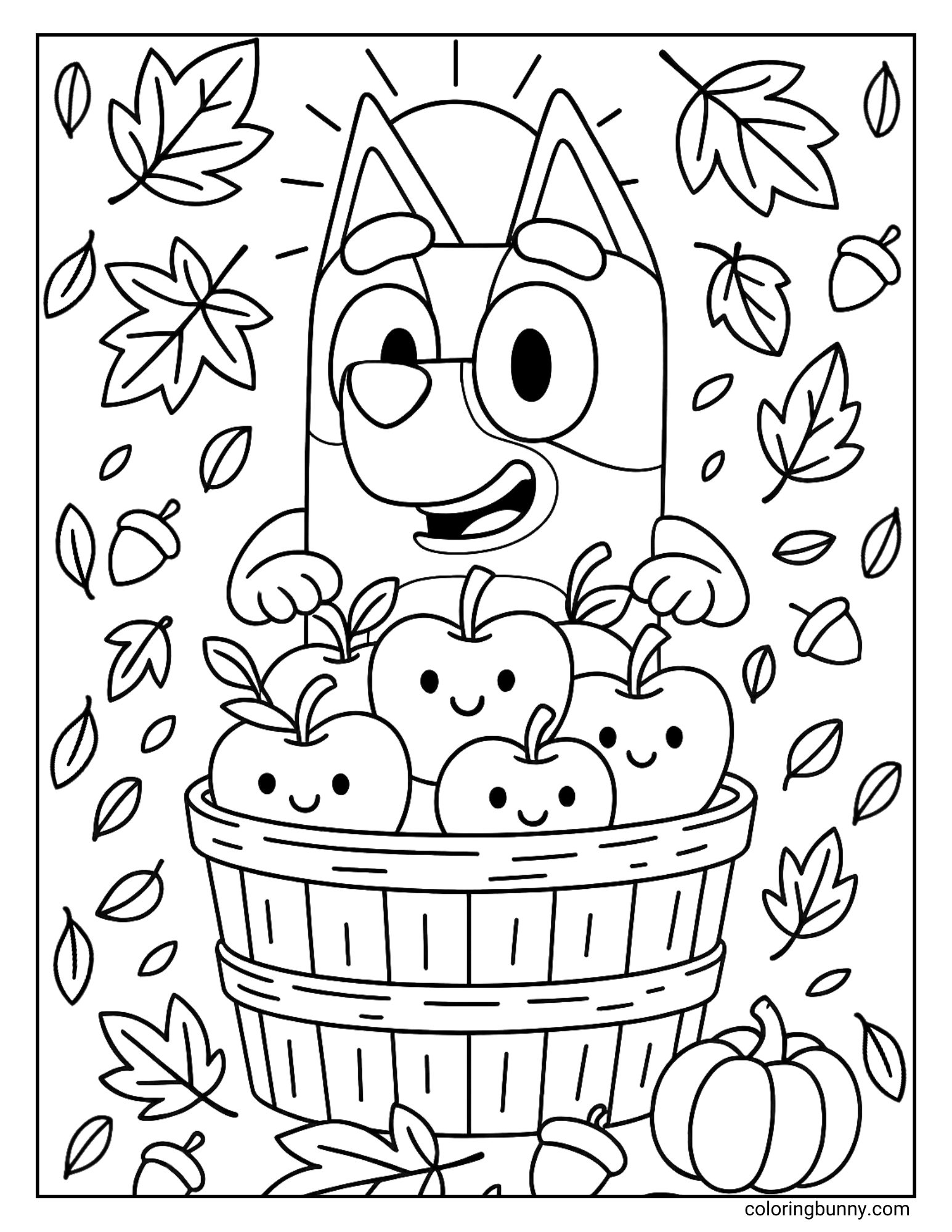 A black and white fall Bluey coloring page showing Bluey holding a large basket of apples, surrounded by autumn leaves and acorns.
