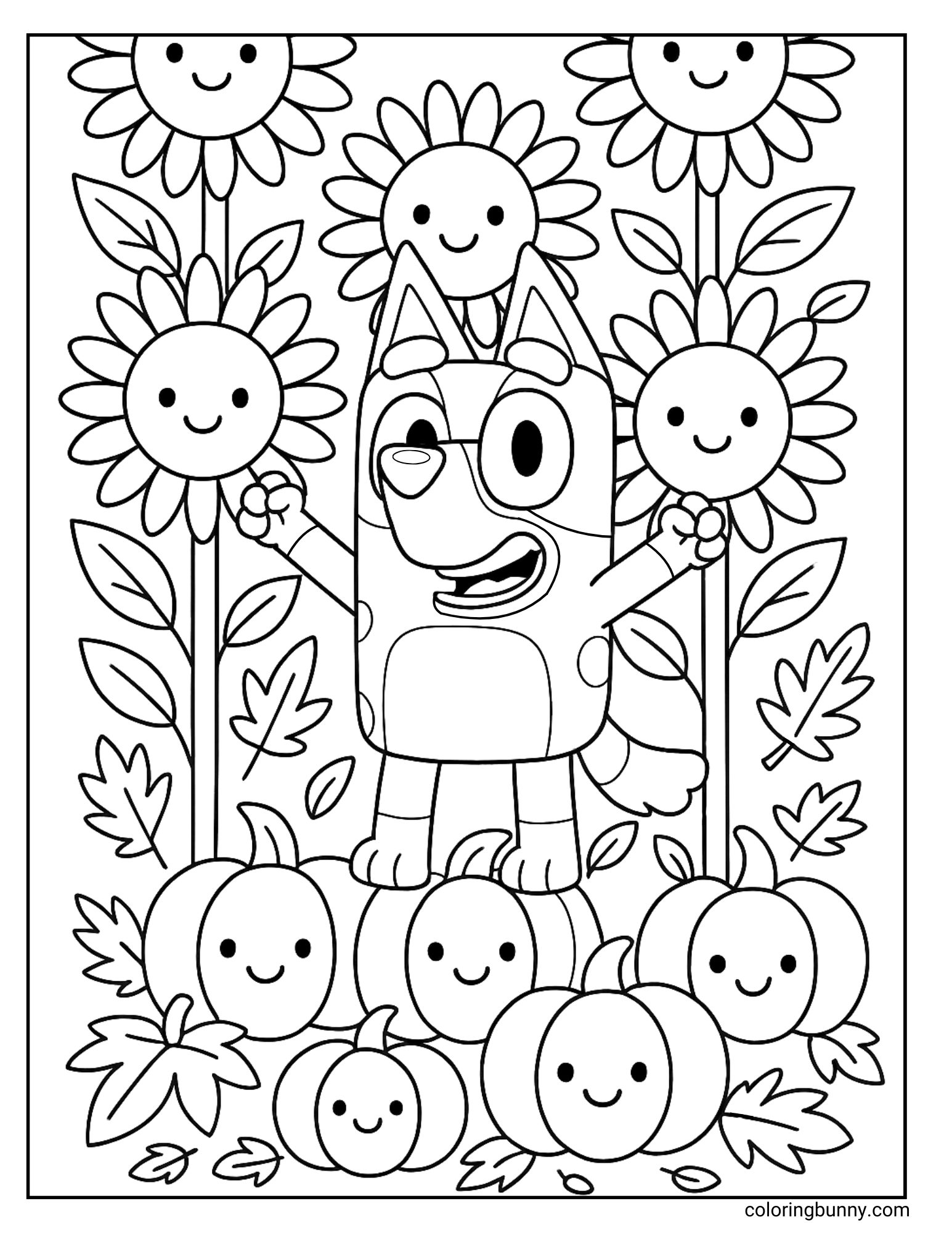 A black and white Bluey coloring page showing Bluey standing on top of pumpkins, surrounded by smiling sunflowers and autumn leaves.