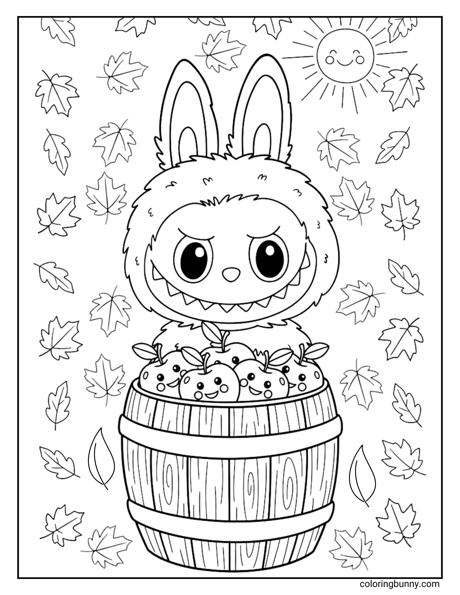 A black and white Labubu coloring page showing Labubu's head peeking out from behind a barrel filled with apples and surrounded by falling leaves and a smiling sun.