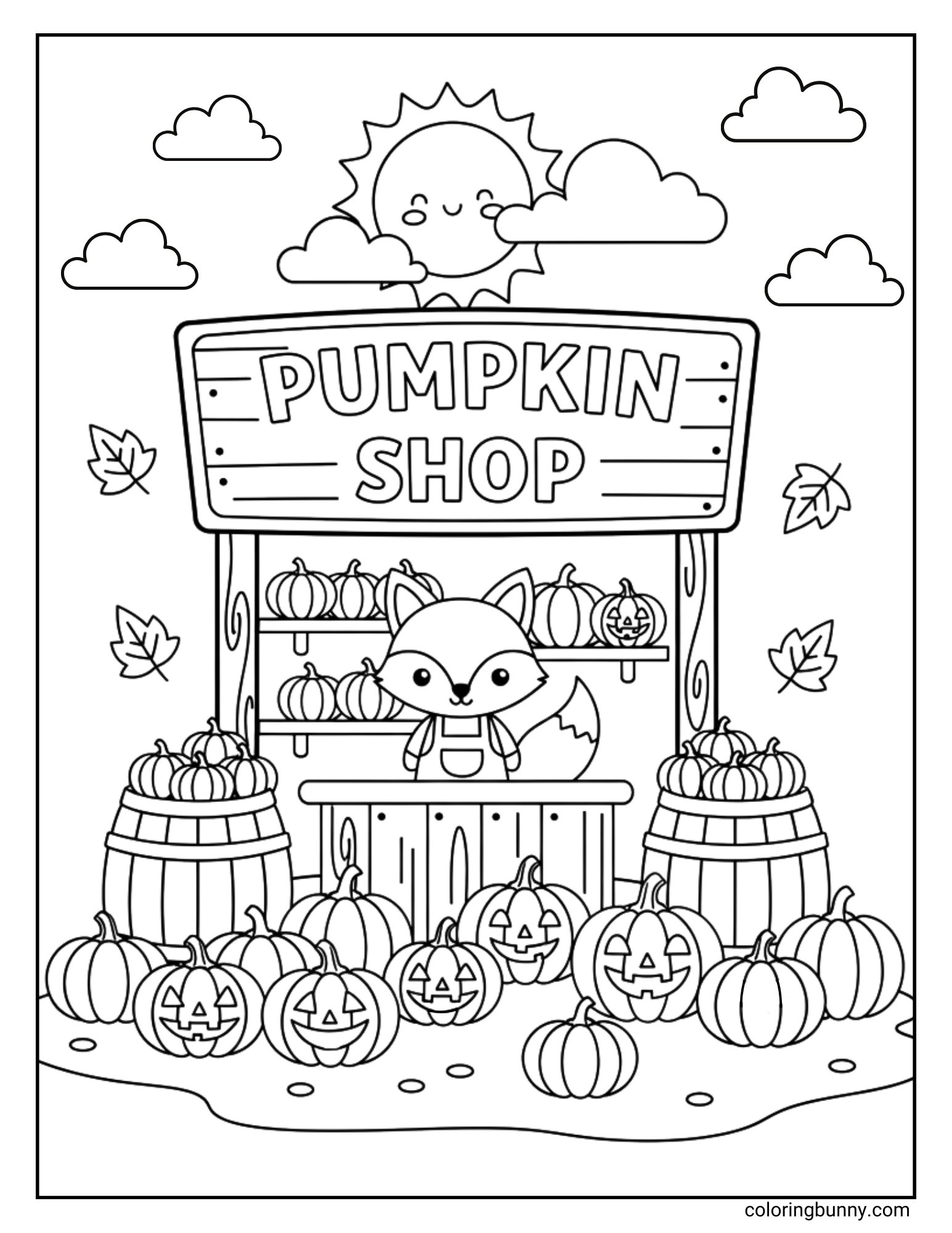 A cozy autumn coloring page featuring a fox in overalls standing at a pumpkin shop, surrounded by barrels and piles of pumpkins, some carved into jack-o’-lanterns, with a smiling sun and drifting leaves above.