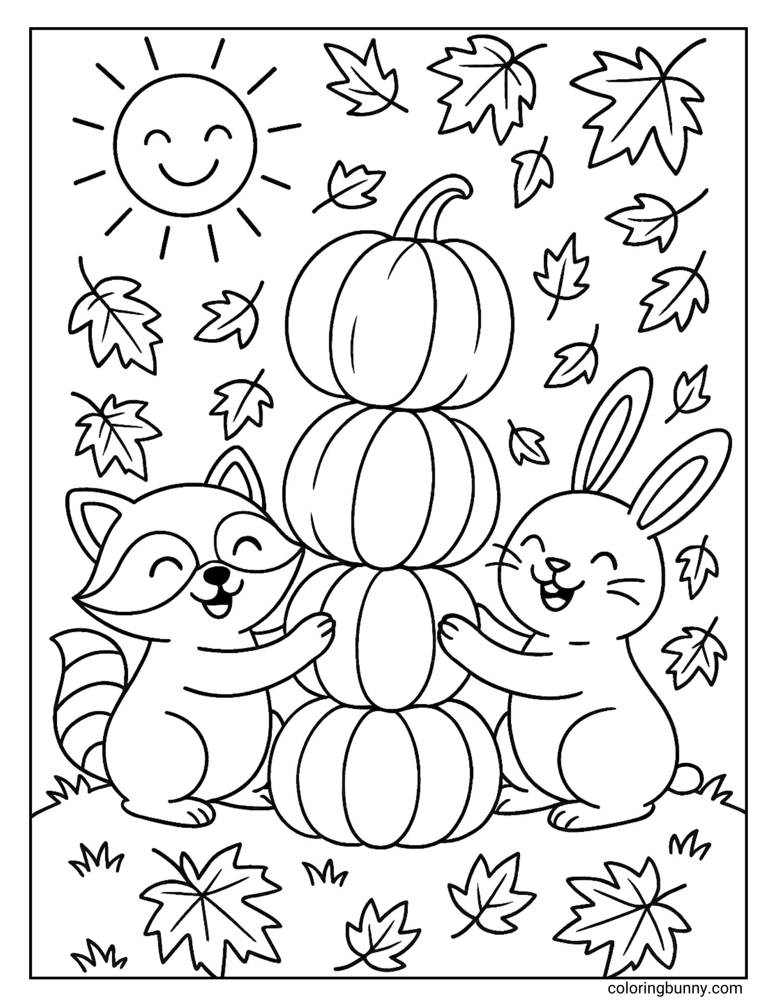 Fall coloring page featuring a raccoon and bunny stacking pumpkins into a tower, surrounded by swirling leaves and a happy sun in the sky, making a cheerful autumn picture for kids to color.