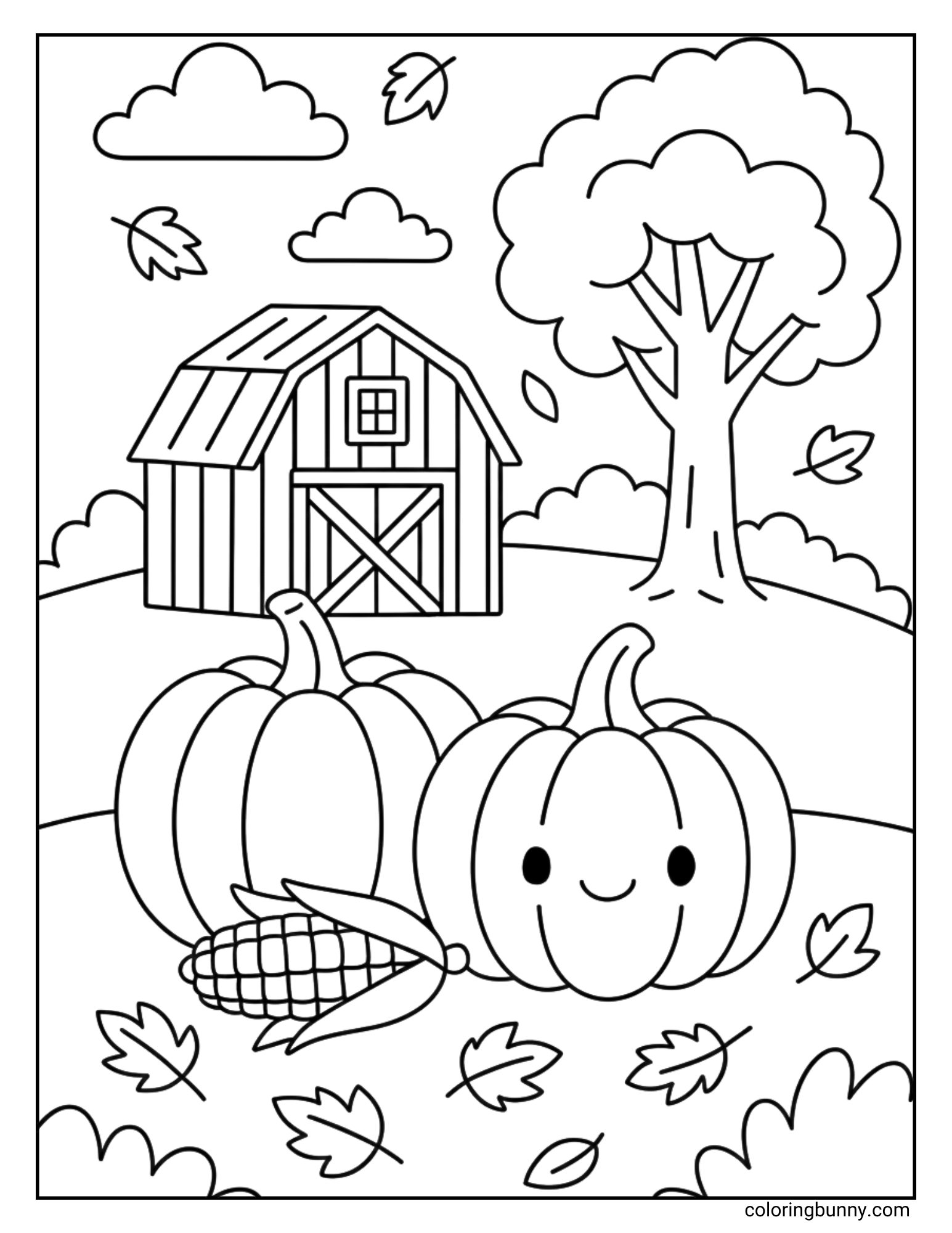 A cozy fall coloring sheet with a smiling pumpkin, another large pumpkin, corn on the ground, a big barn, a tall tree, and swirling leaves, perfect for kids to color and imagine a crisp autumn day.