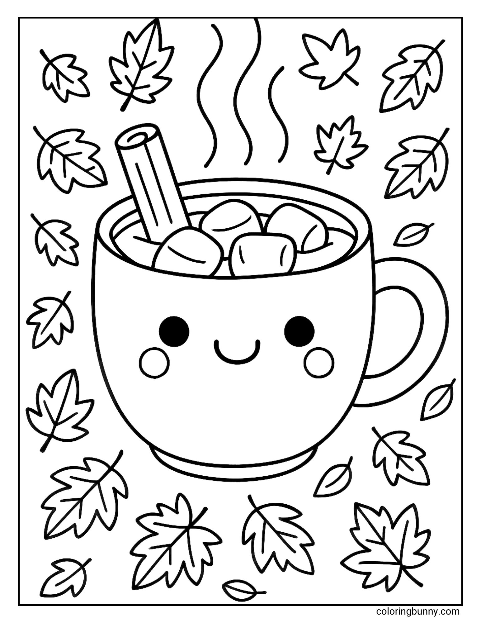 A cozy coloring page of a large, smiling mug filled with a hot drink. The mug is topped with marshmallows and a cinnamon stick, and the background is a pattern of falling autumn leaves.
