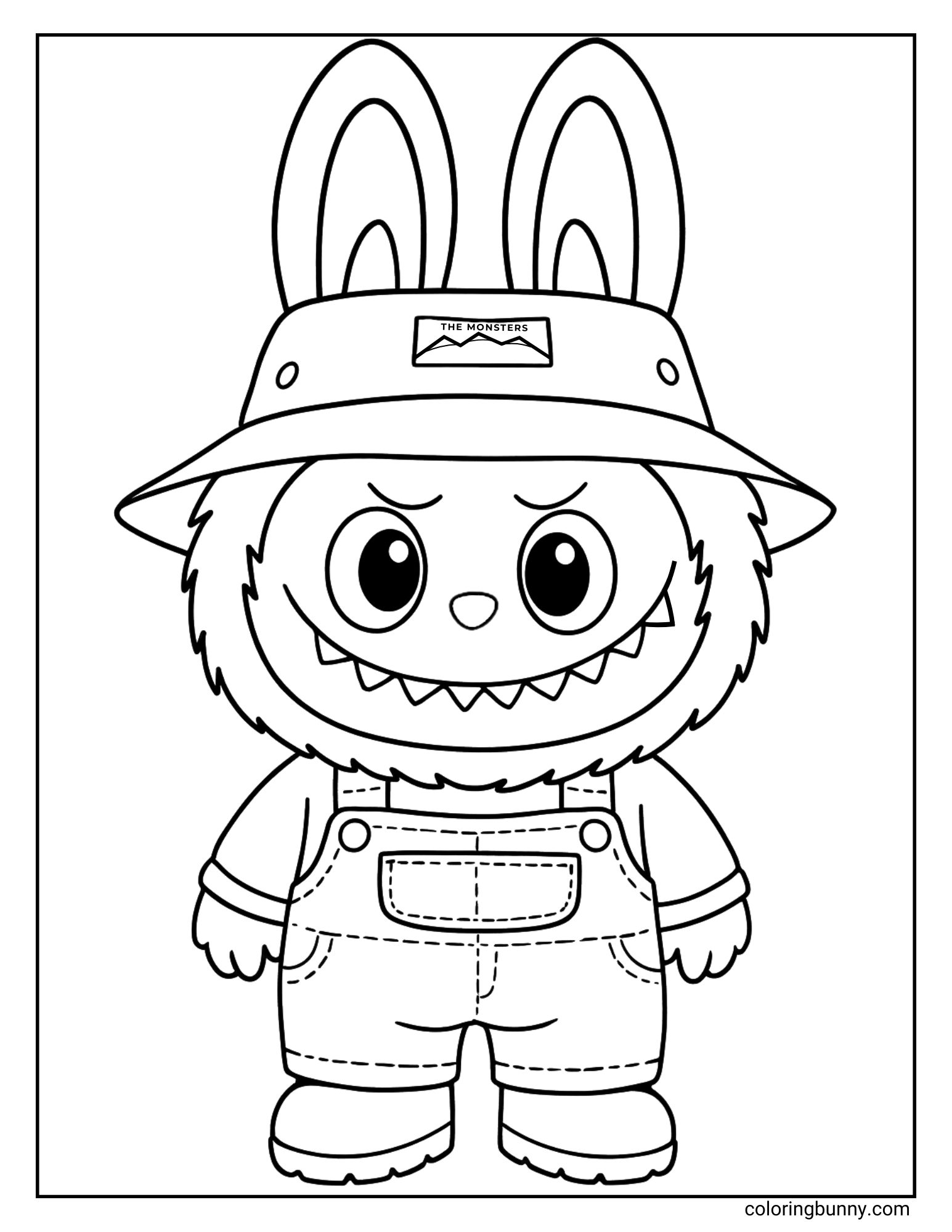 Fall in Wind Labubu coloring page showing Labubu wearing a bucket hat and overalls.