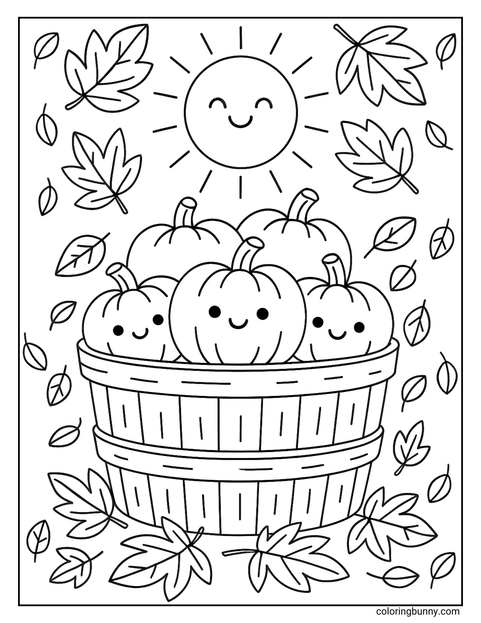 Black and white fall coloring page showing a wooden basket full of smiling pumpkins with a happy sun and autumn leaves all around.