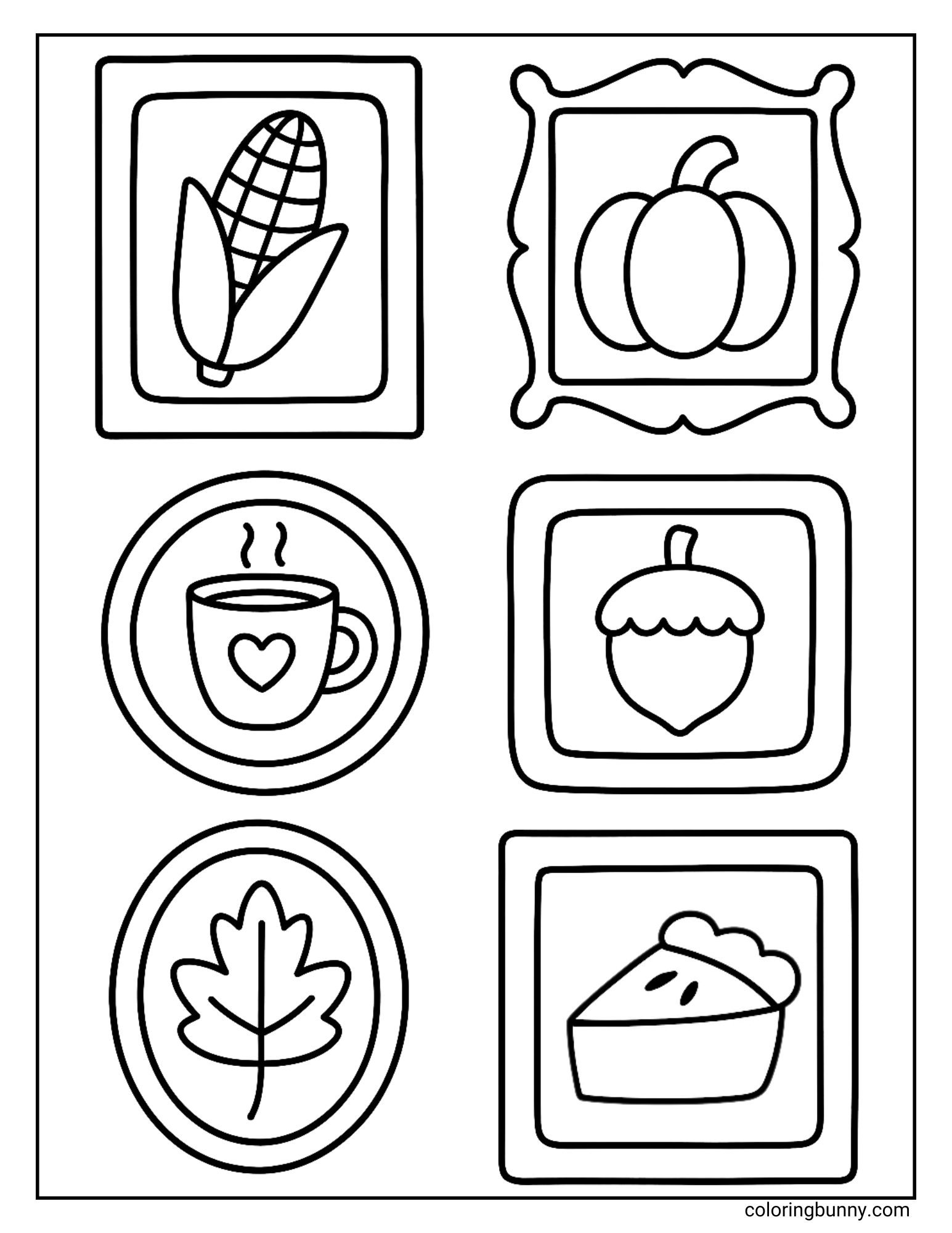 A coloring page of six framed fall icons. Each frame contains a different symbol of autumn, including a steaming mug, a pumpkin, a leaf, an ear of corn, a slice of pie, and an acorn.
