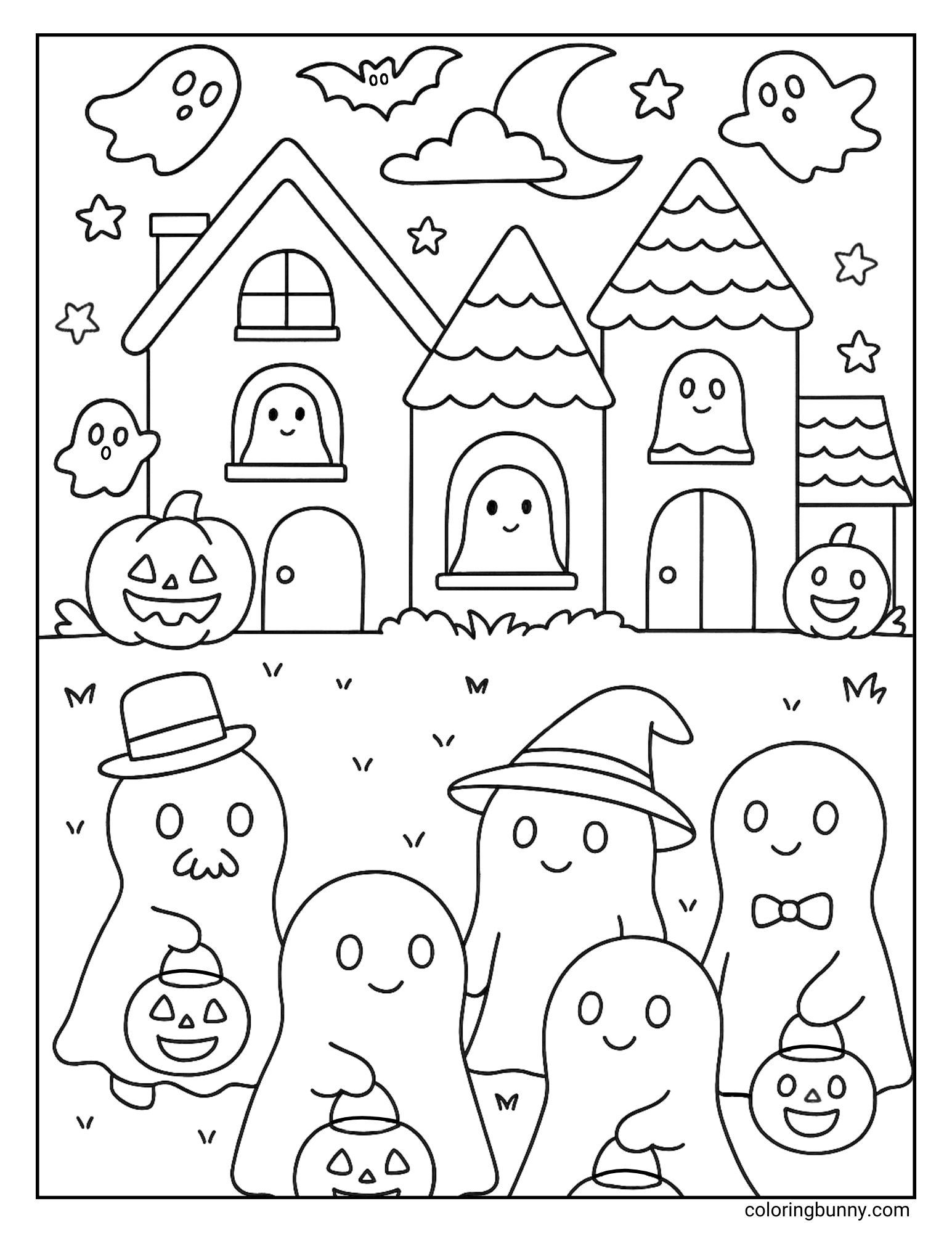 A busy Halloween coloring page of a group of five ghosts dressed up for trick-or-treating in the foreground. Some wear hats and bow ties and carry candy pails. In the background, a row of spooky houses with more ghosts in the windows is shown under a moonlit sky.