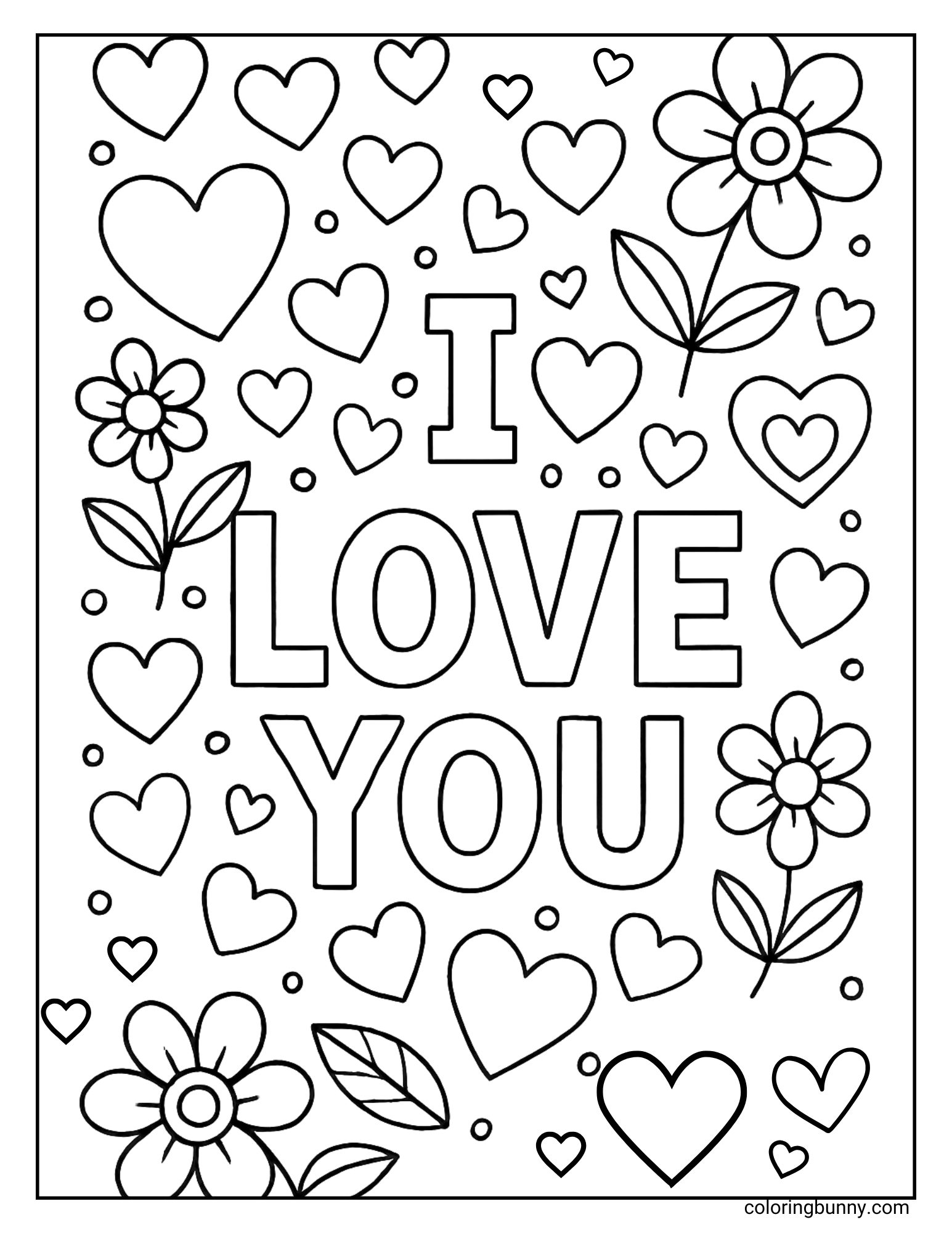 An I love you coloring page with the words I Love You in bold letters, surrounded by blooming flowers, leafy stems, floating hearts, and small circles.