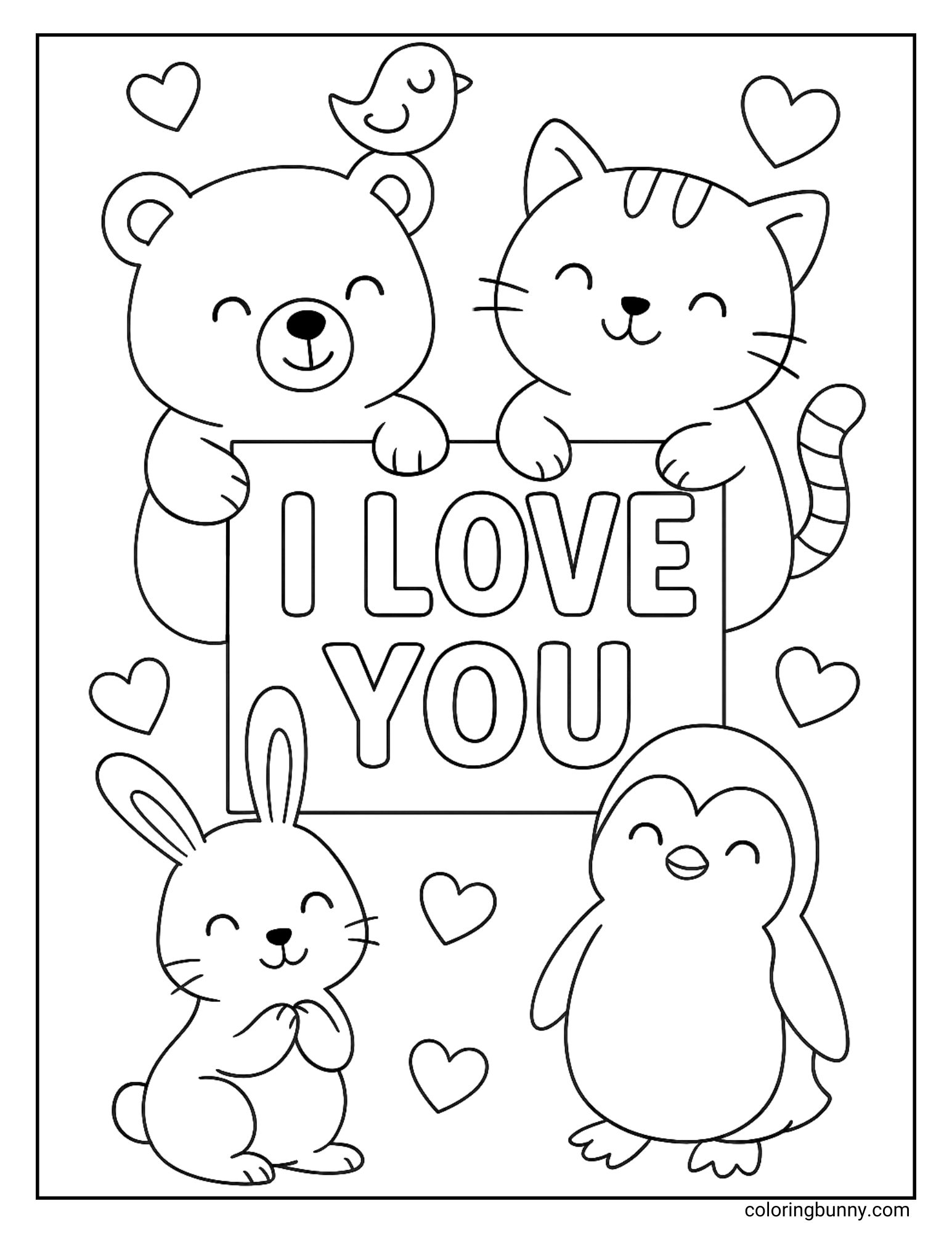 An I Love You coloring sheet featuring a group of adorable animals, including a bear, a cat, a bunny, a penguin, and a tiny bird. They gather around a large sign that says I Love You, with hearts floating all around them.