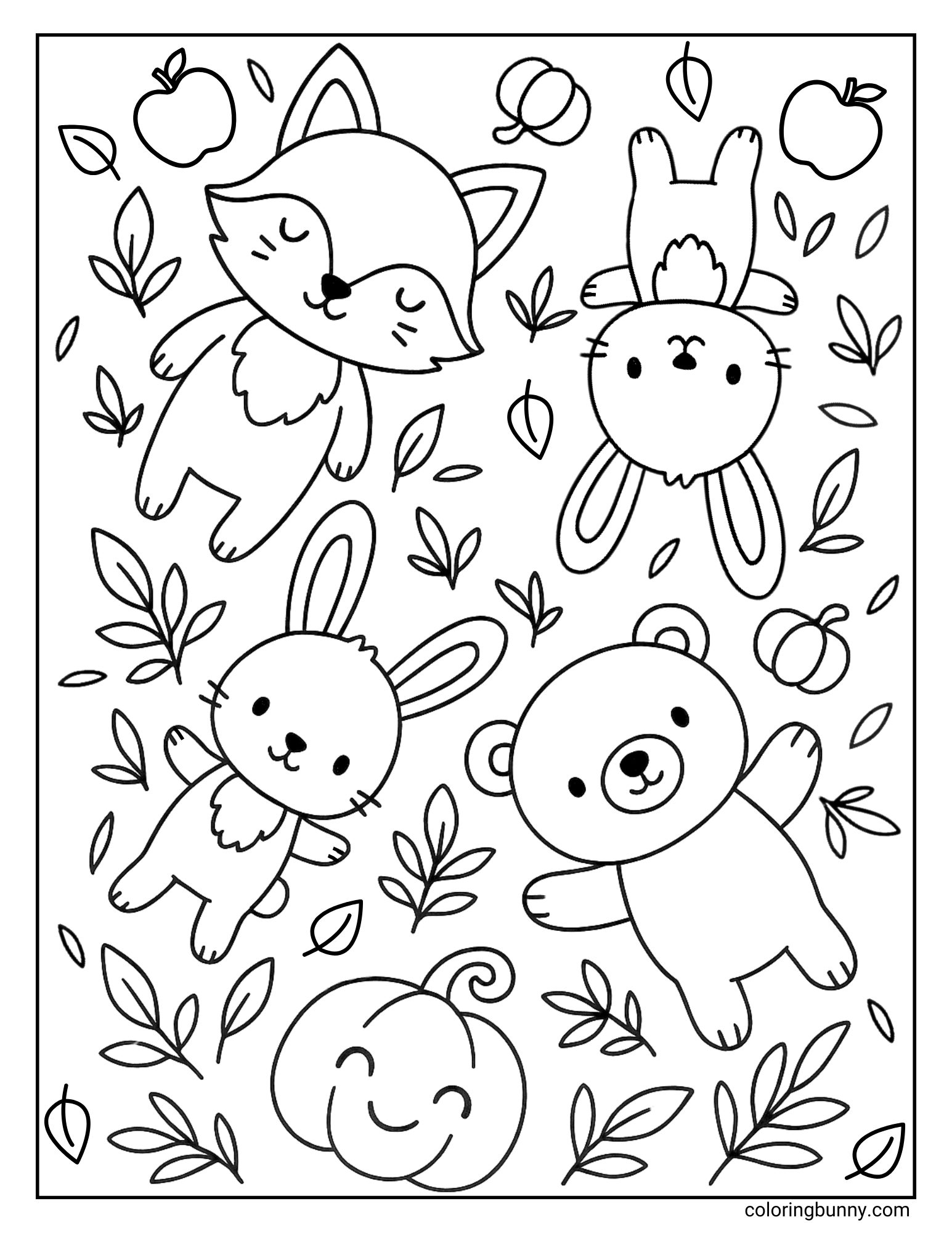 Coloring page of a fox, two bunnies, and a bear lying on the ground surrounded by leaves, pumpkins, and apples.