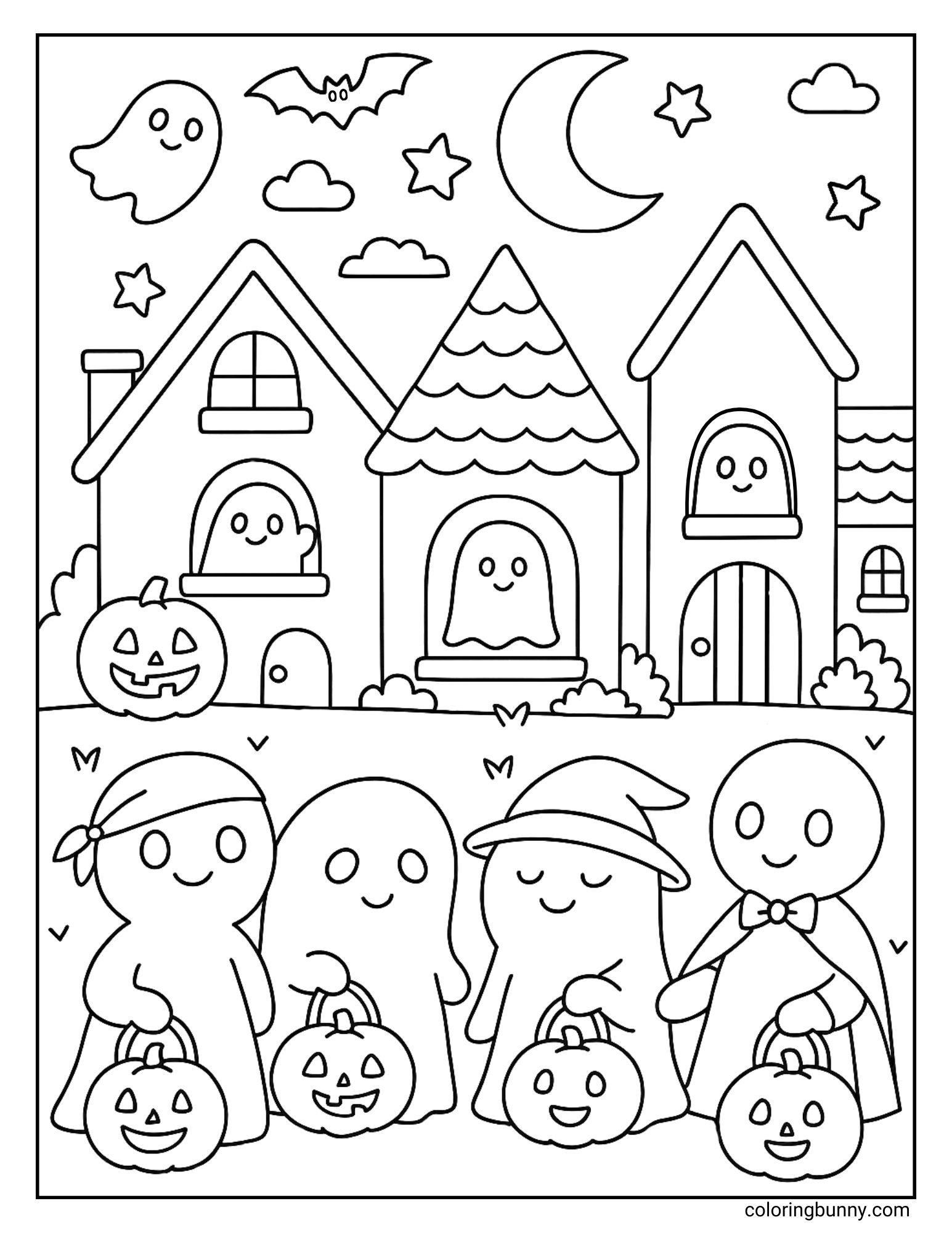 Cute ghosts in costumes trick-or-treating with pumpkin pails in front of Halloween houses, moon, stars, bat, and jack-o’-lanterns in a fun coloring page.