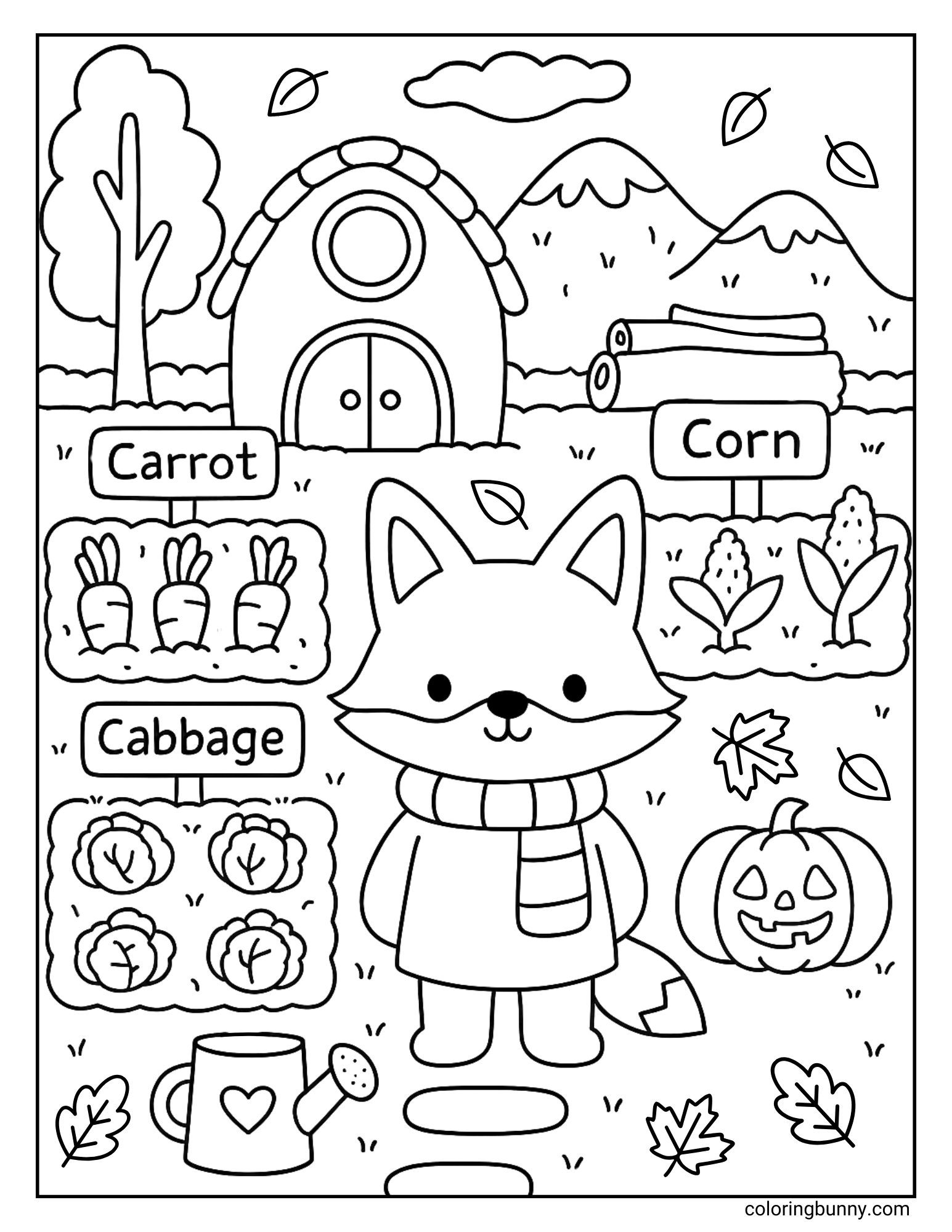 Cute fox standing in a fall vegetable patch with carrots, cabbages, corn, pumpkin, watering can, and a small house in the background coloring page.