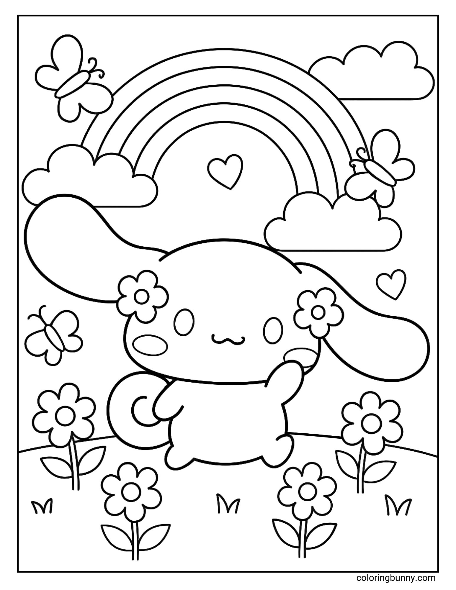 Sanrio coloring page of Cinnamoroll waving in a flower field with a rainbow, clouds, and butterflies in the background.