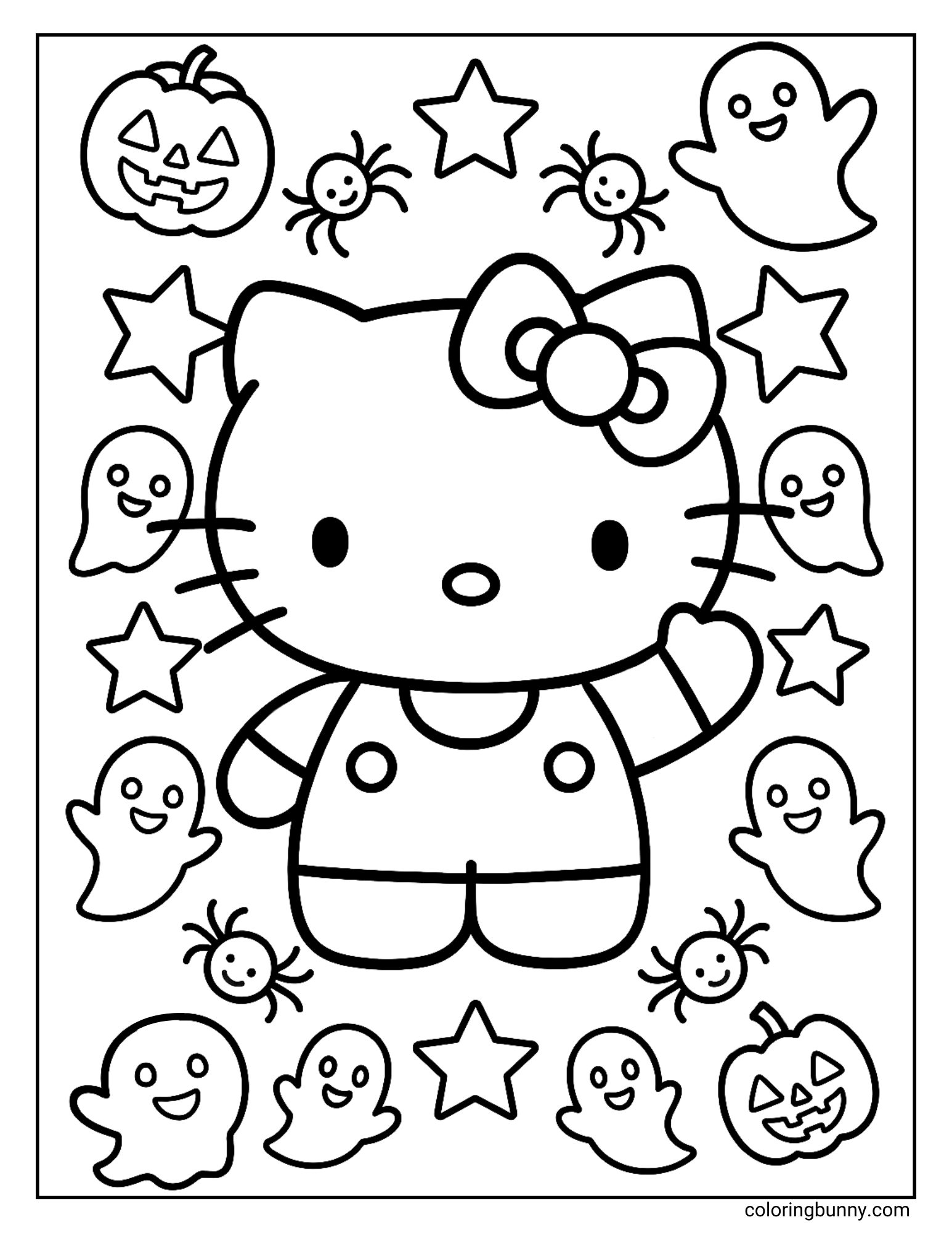 Coloring page of Hello Kitty standing in the center, surrounded by friendly ghosts, pumpkins, spiders, and stars in a cute Halloween theme.