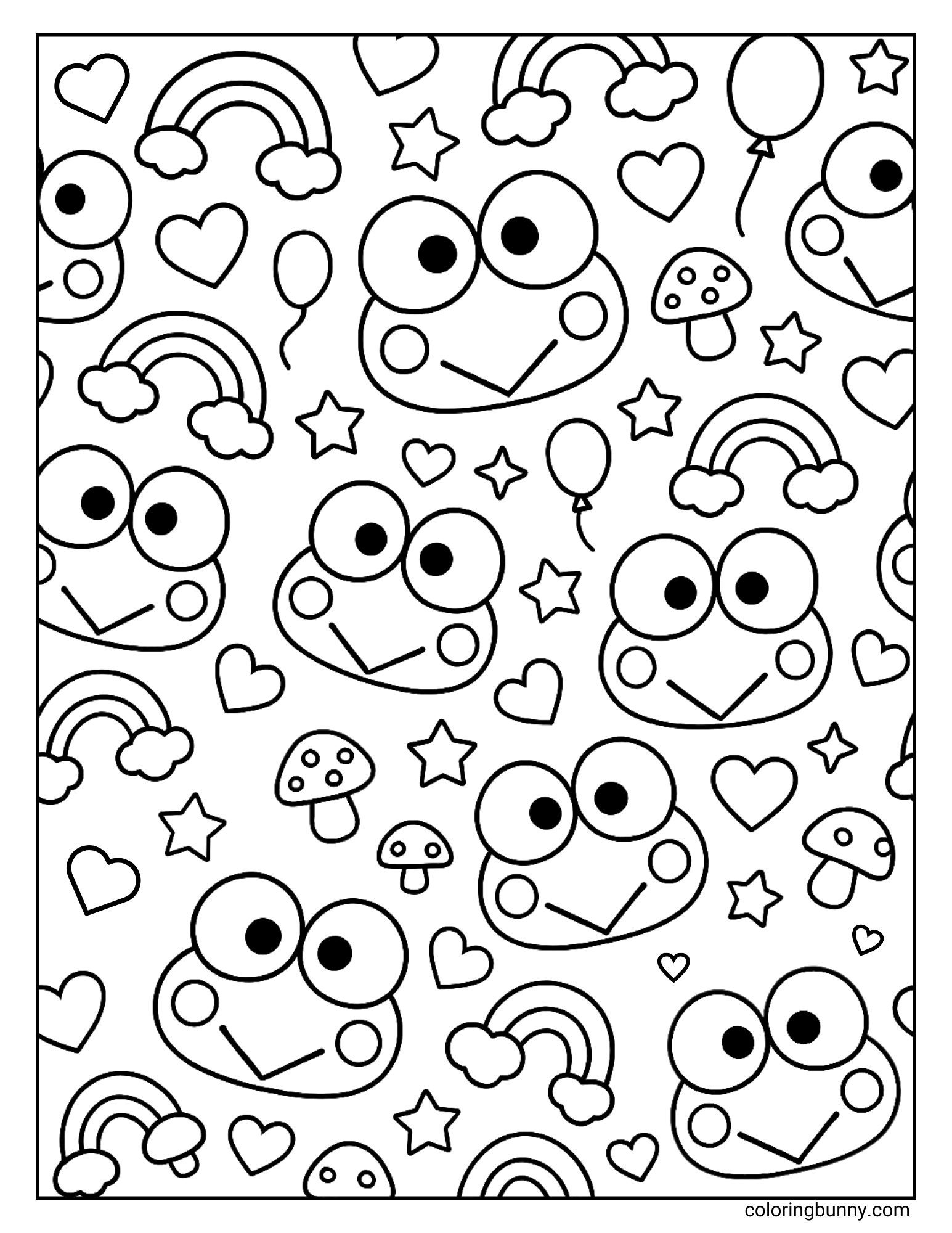 Keroppi wallpaper coloring sheet featuring a repeating pattern of Keroppi’s face mixed with rainbows, stars, hearts, balloons, and mushrooms.