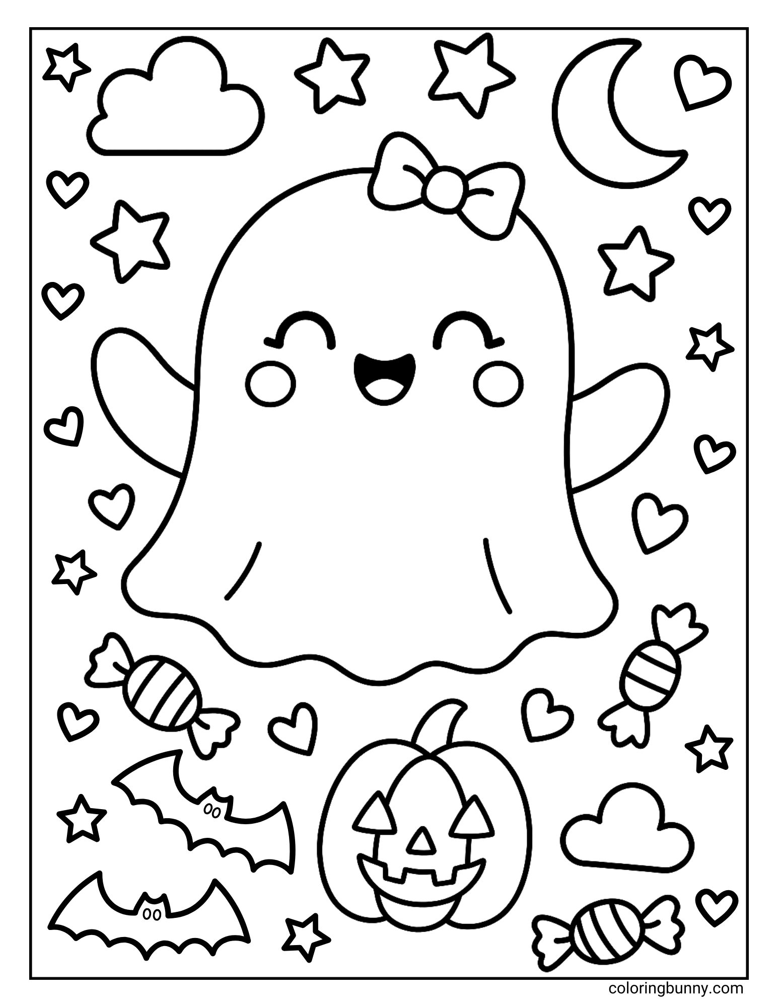 Cute girl ghost with a bow surrounded by candy, bats, stars, clouds, hearts, and a jack-o’-lantern, ghost coloring page.
