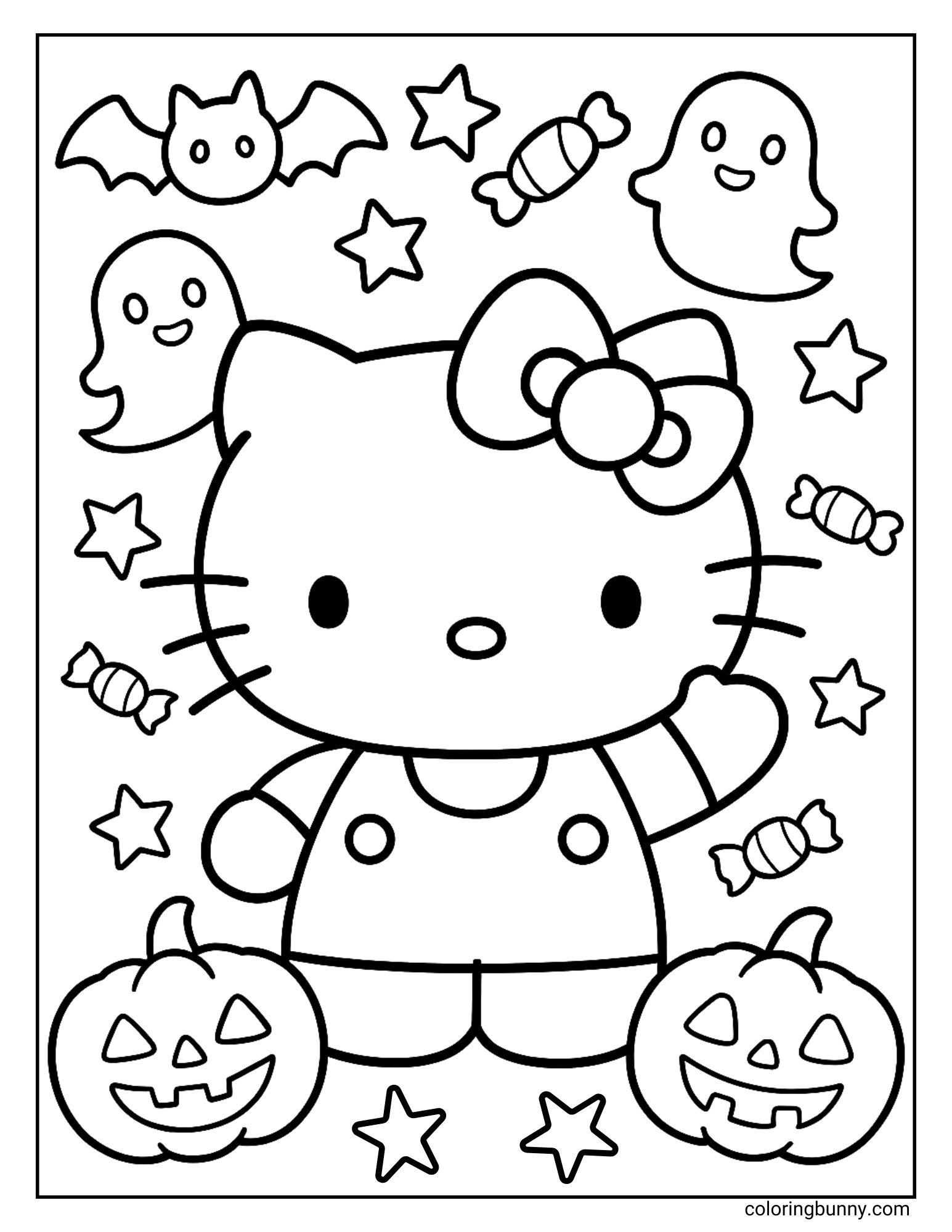 A black and white line art coloring page showing Hello Kitty dressed for Halloween. She is surrounded by several smiling ghosts, stars, wrapped candies, a bat, and two jack-o'-lanterns at her feet.