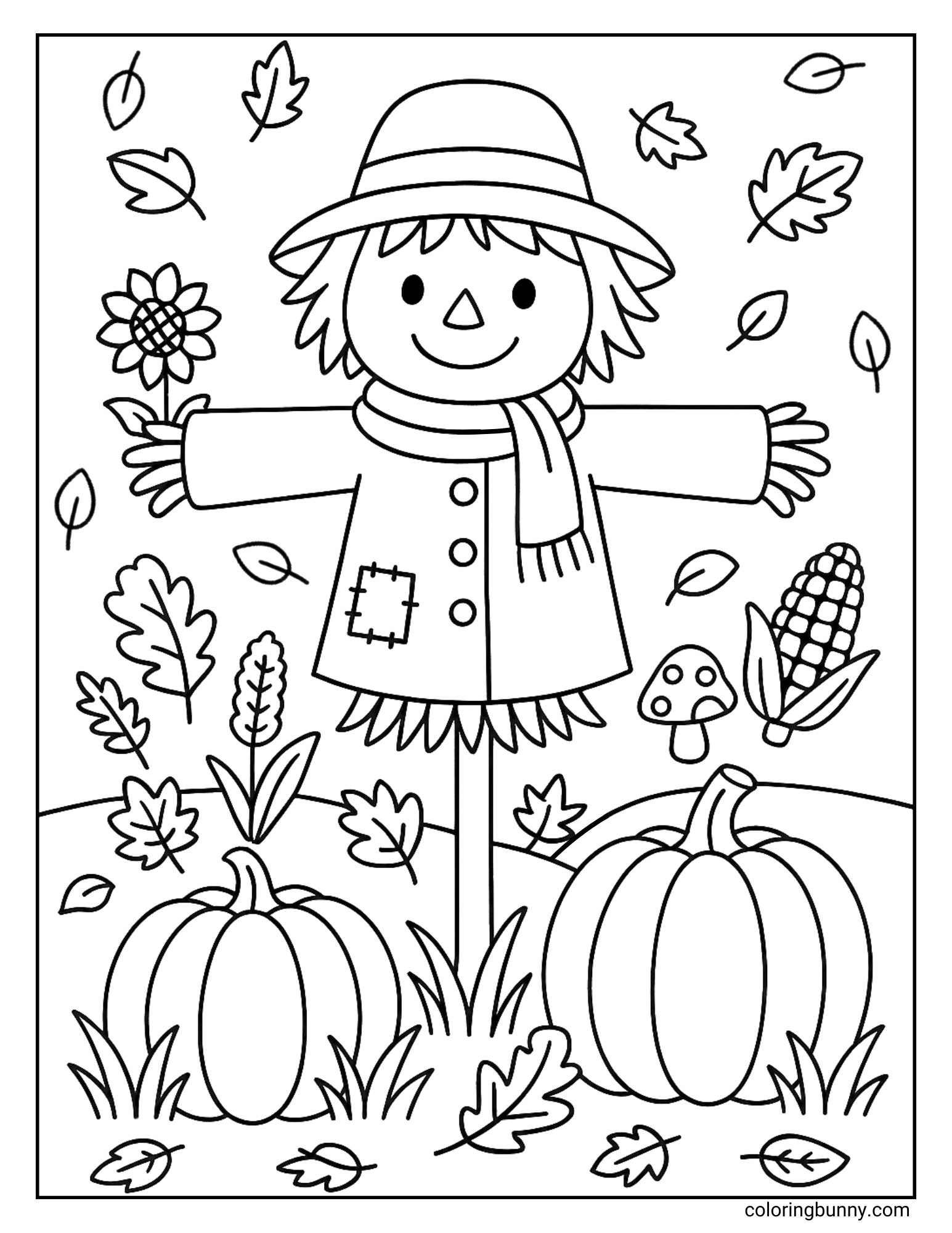 Fall coloring page showing a smiling scarecrow wearing a hat and scarf, surrounded by pumpkins, corn, mushrooms, and falling leaves, making a fun harvest garden scene for kids to color.