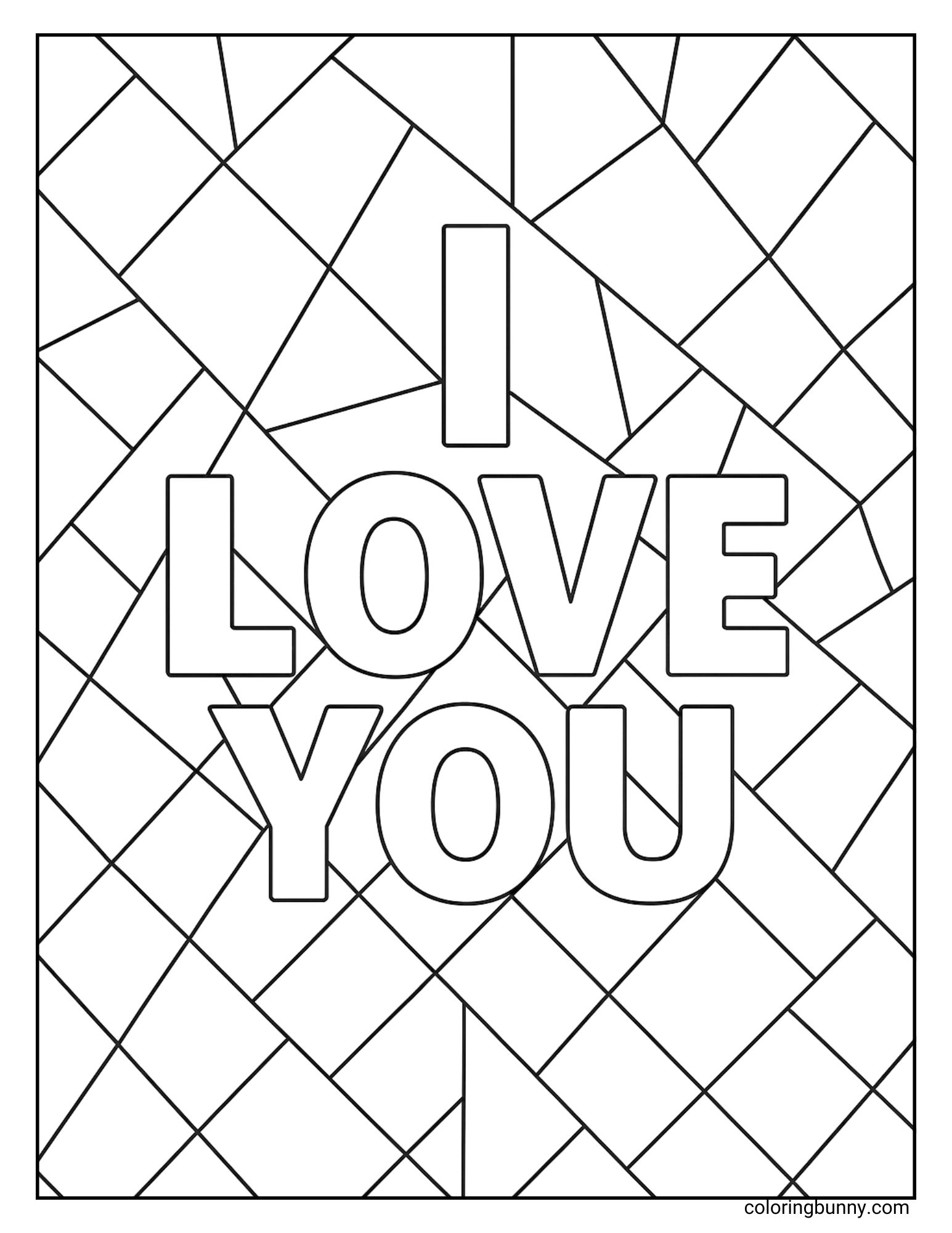 An I Love You coloring sheet with large block letters in the middle, surrounded by a geometric background of squares, rectangles, and triangles. The design looks like a stained-glass window, giving kids plenty of sections to color in bright patterns.