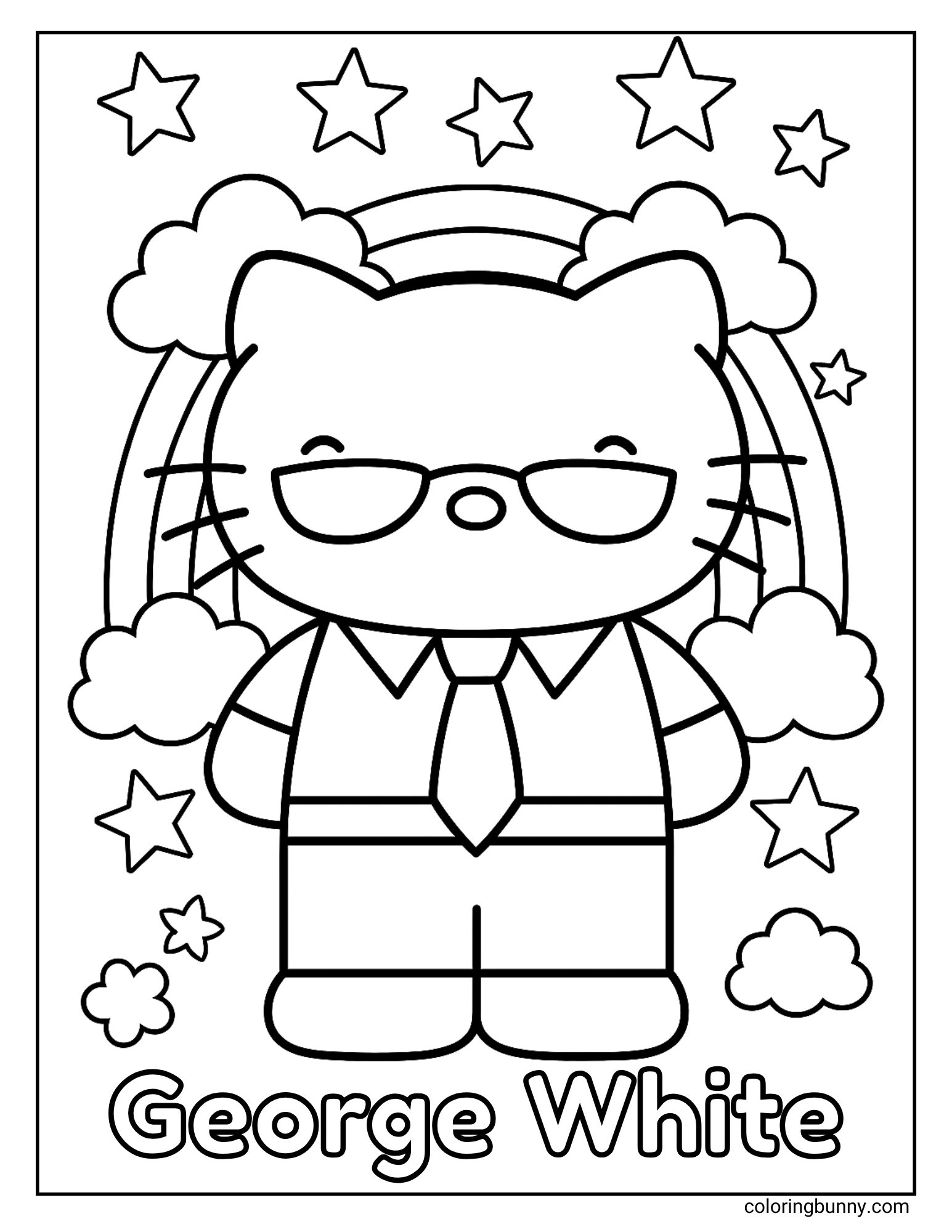 Coloring page featuring George White, dressed in glasses, a shirt, and a tie. He stands in front of a rainbow, surrounded by stars and fluffy clouds