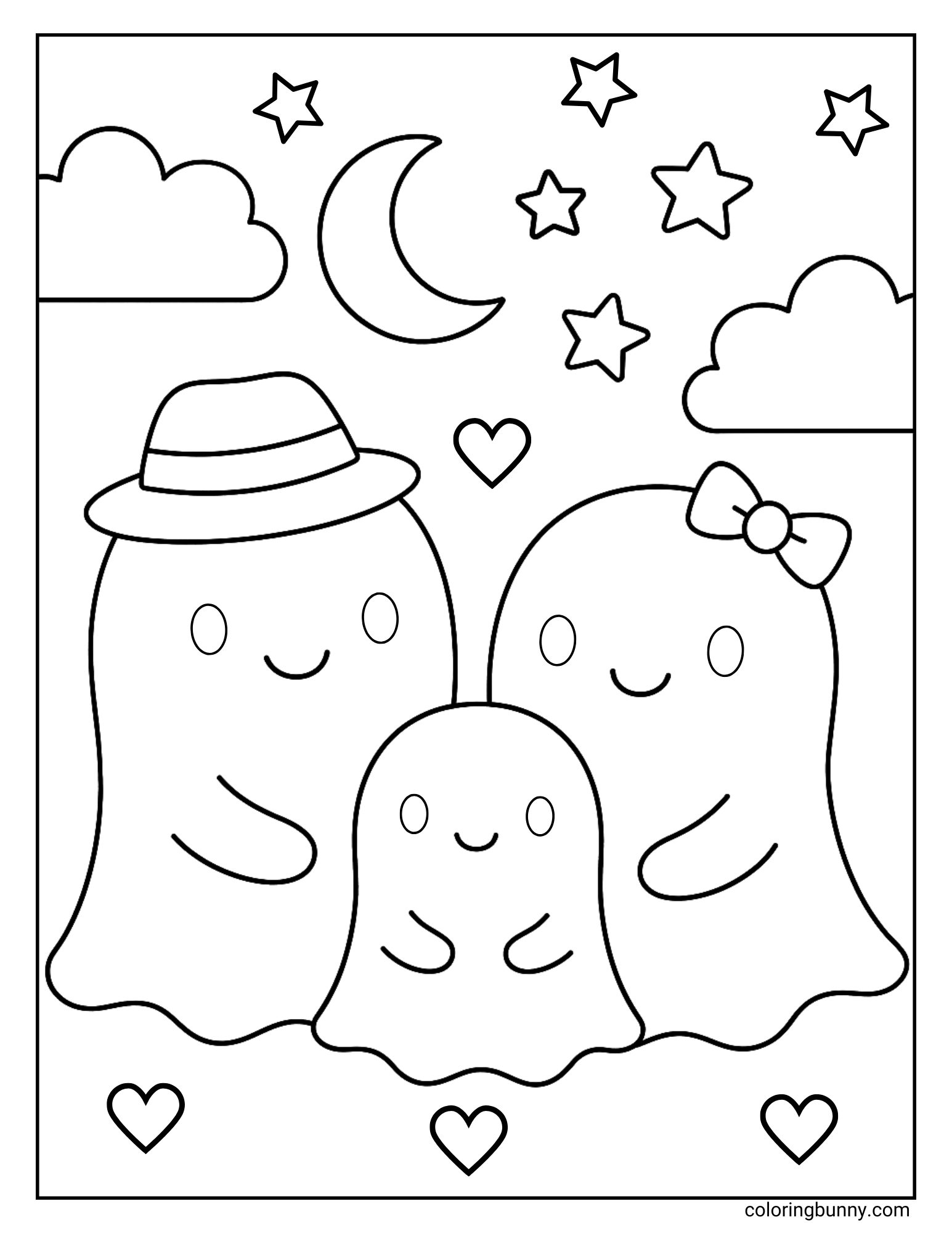 Three smiling ghosts, one wearing a hat, one with a bow, and a smaller ghost in the middle, surrounded by hearts, clouds, stars, and a crescent moon, Halloween coloring page.