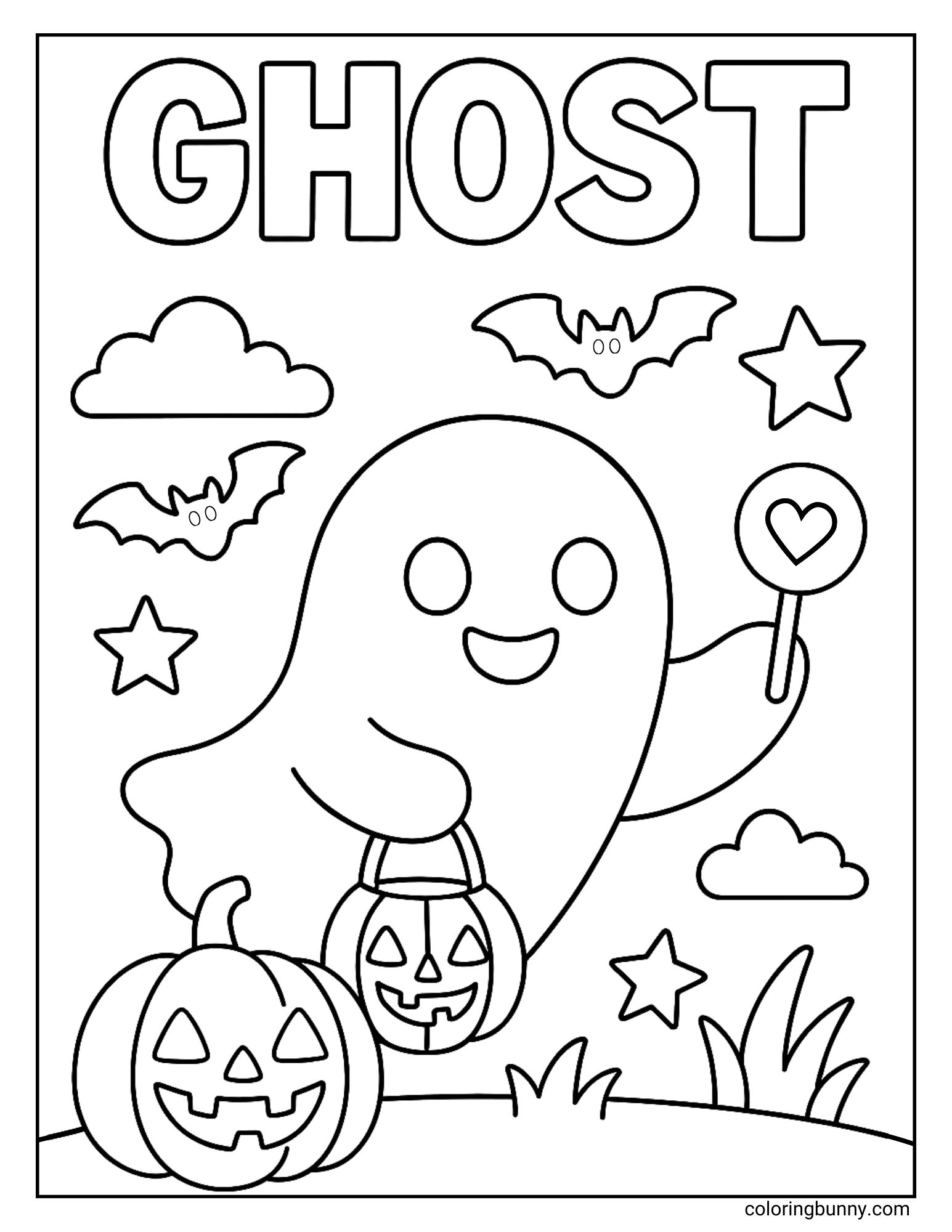 A fun coloring page of a happy ghost with the word 'GHOST' written at the top. The character is holding a jack-o'-lantern candy pail and a heart-shaped lollipop, ready for a night of trick-or-treating with bats and pumpkins.