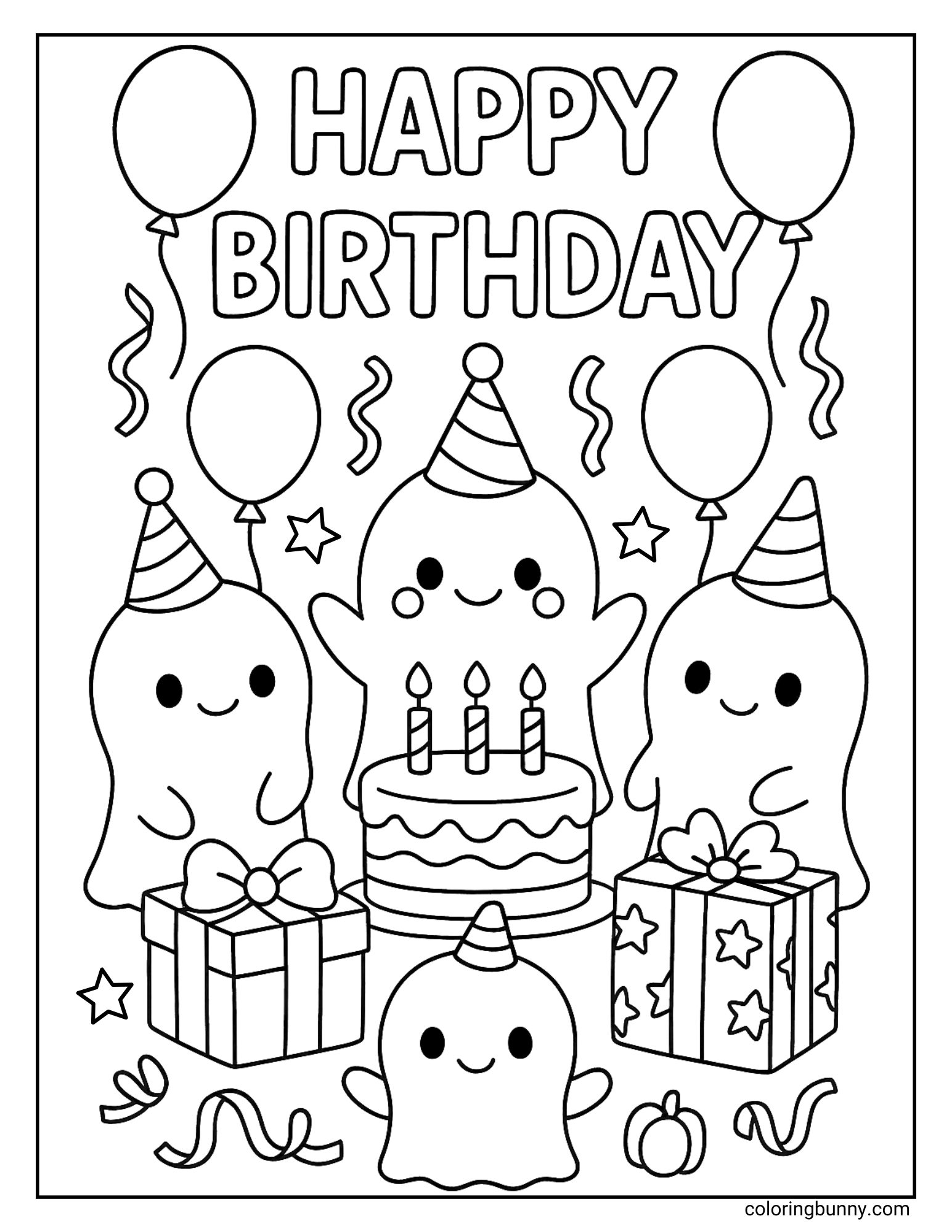 Cute ghosts celebrating a birthday with hats, cake, balloons, gifts, and decorations in a fun coloring page.