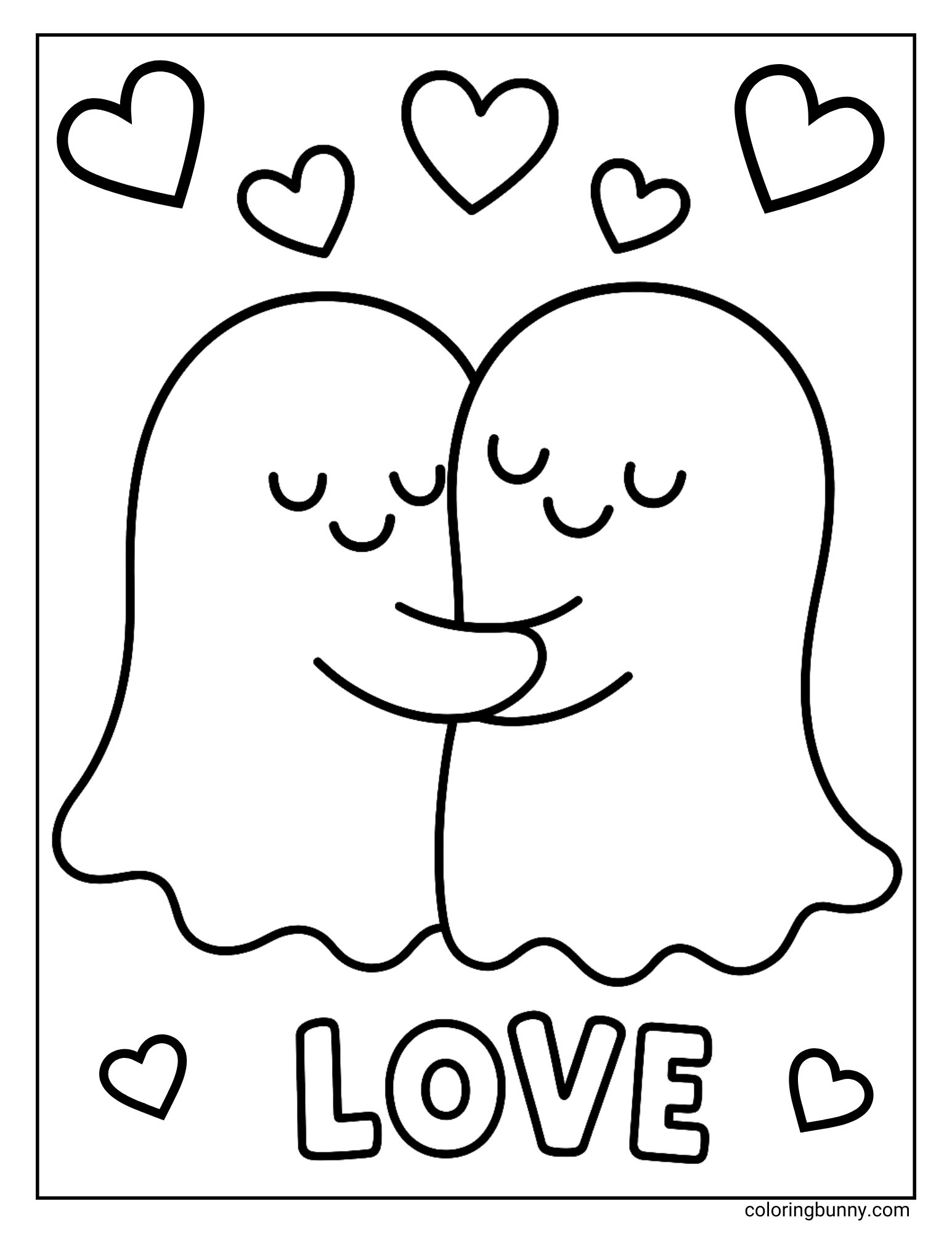 Two cute ghosts hugging with hearts above them and the word love below, ghostly love coloring page.