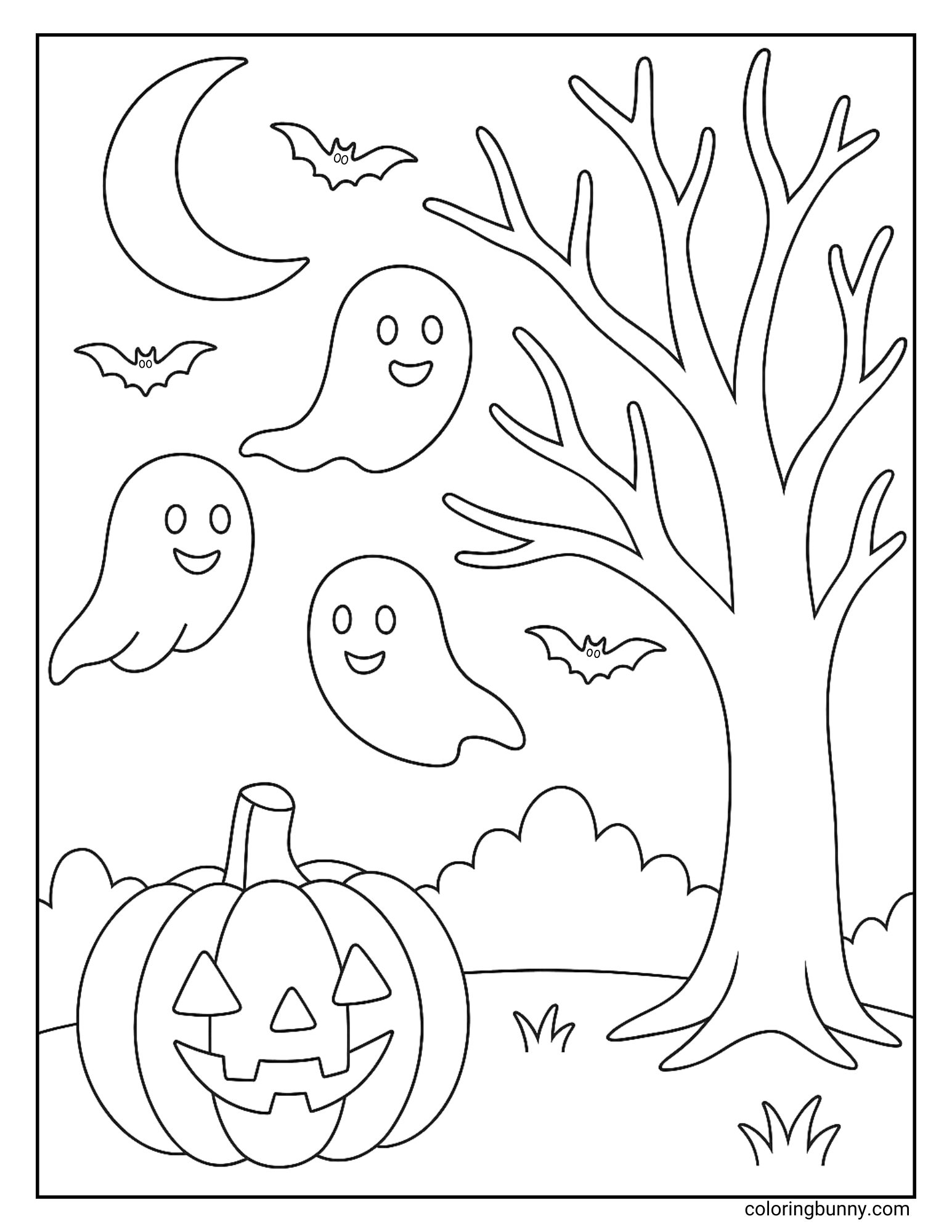 Happy ghosts flying with bats near a spooky tree and jack-o’-lantern under the moon, Halloween coloring page.