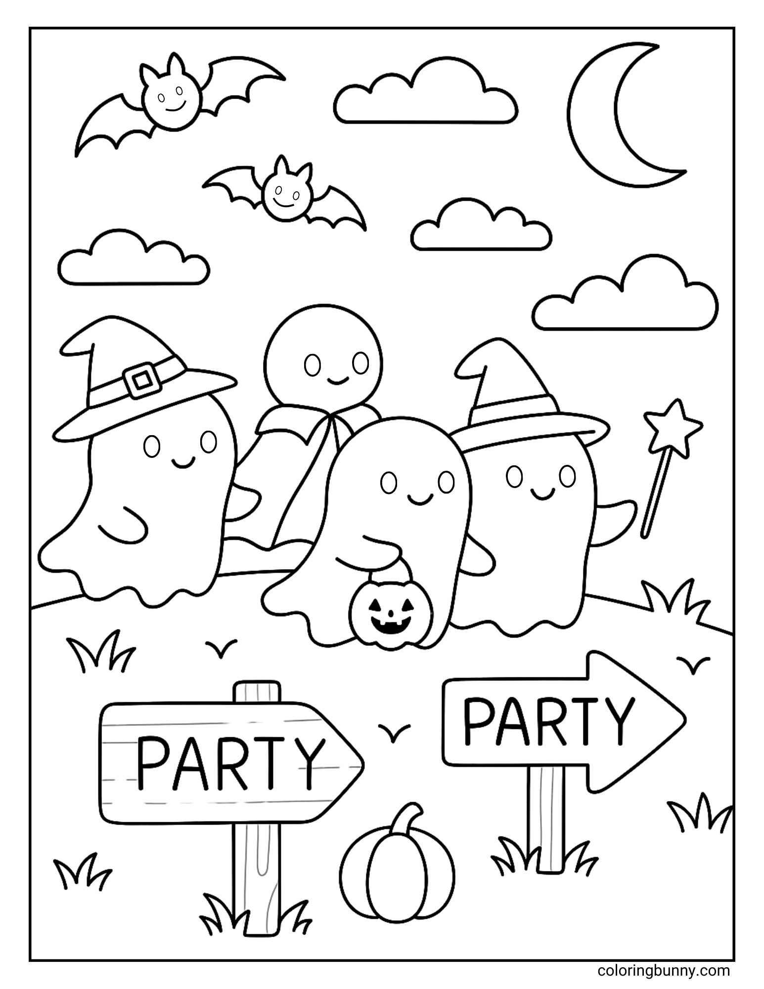 Three ghosts in witch hats and a cape walk toward party signs while holding a pumpkin bucket, with bats, clouds, a crescent moon, and grass around them, Halloween coloring page.