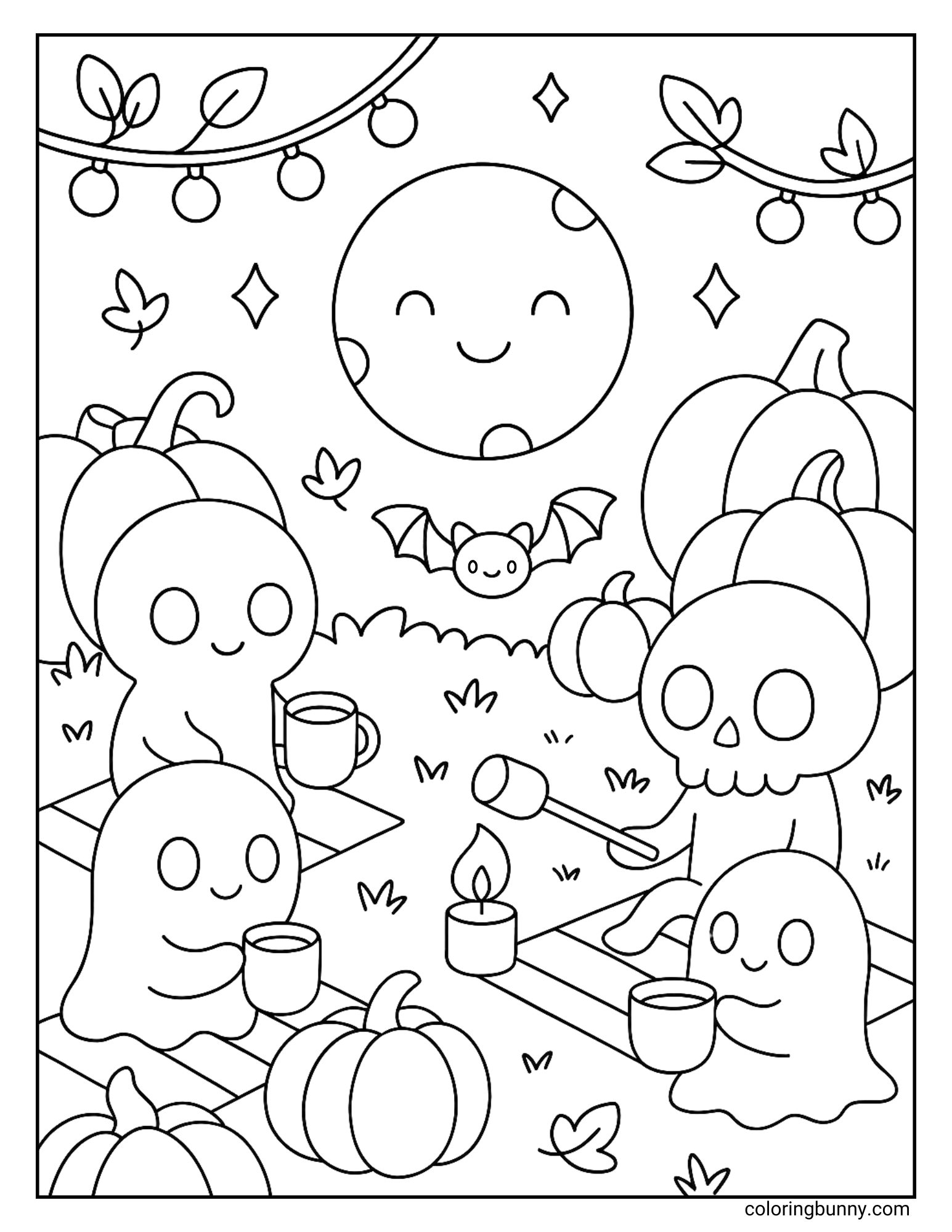 Cute ghosts having a nighttime picnic with cocoa, pumpkins, and marshmallows under a smiling moon and bat, Halloween coloring page.