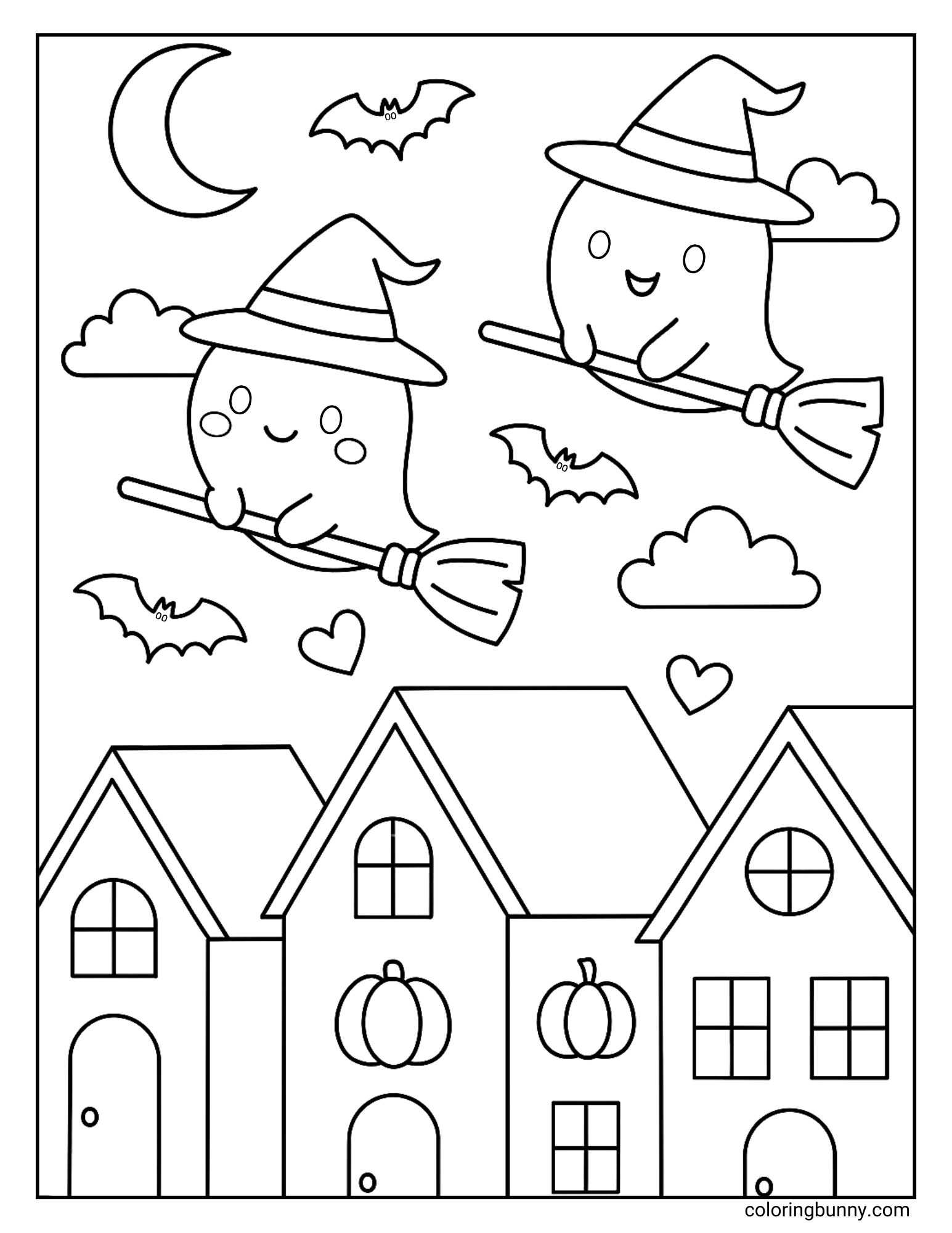 Cute Halloween coloring page of two smiling ghosts in hats flying on broomsticks over houses with pumpkins, surrounded by bats, clouds, and a crescent moon.