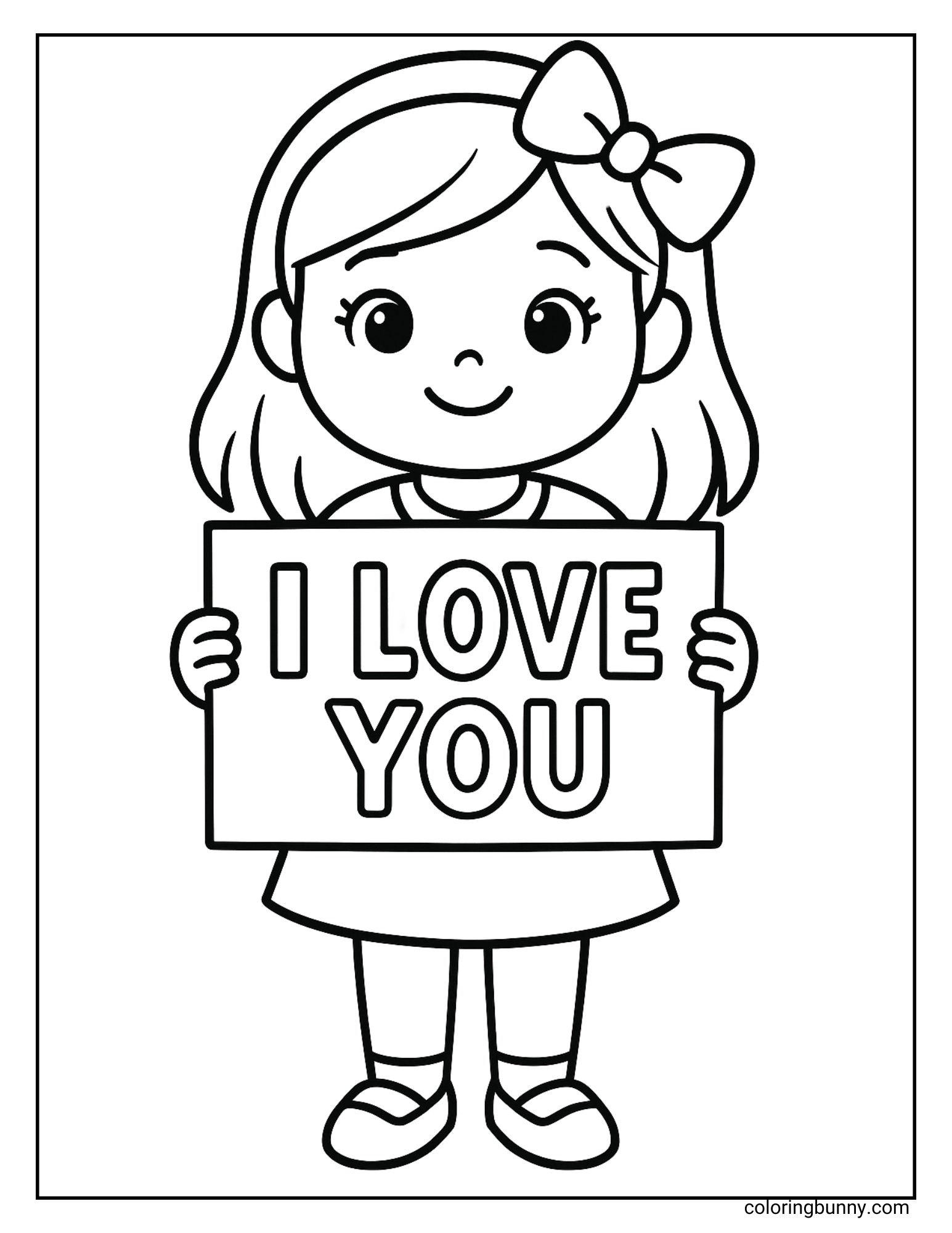 An I Love You coloring page featuring a cheerful girl with a big bow in her hair, holding a sign that says I Love You. She has a happy smile and wears a simple dress and shoes.