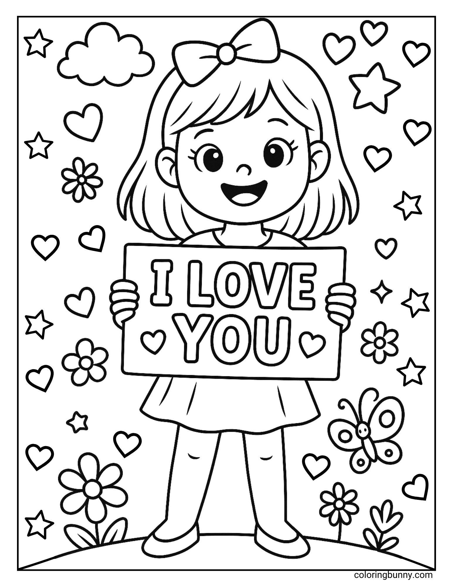 An I Love You coloring page with a smiling girl holding a sign that says I Love You. She wears a bow in her hair and is surrounded by floating hearts, shining stars, flowers, a butterfly, and a fluffy cloud.
