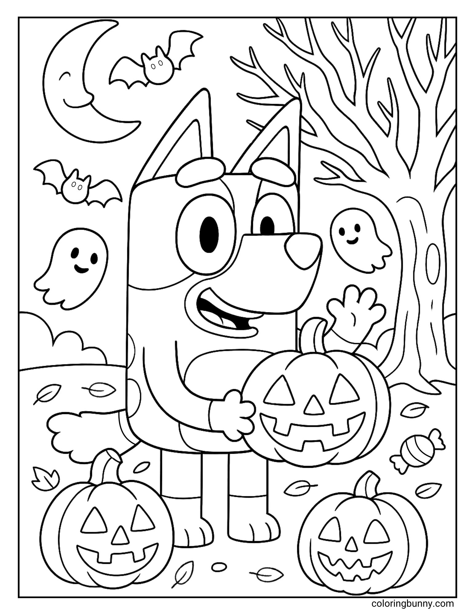 A black and white Bluey Halloween coloring page showing Bluey holding a jack-o'-lantern and standing with ghosts, bats, pumpkins, and a tree.