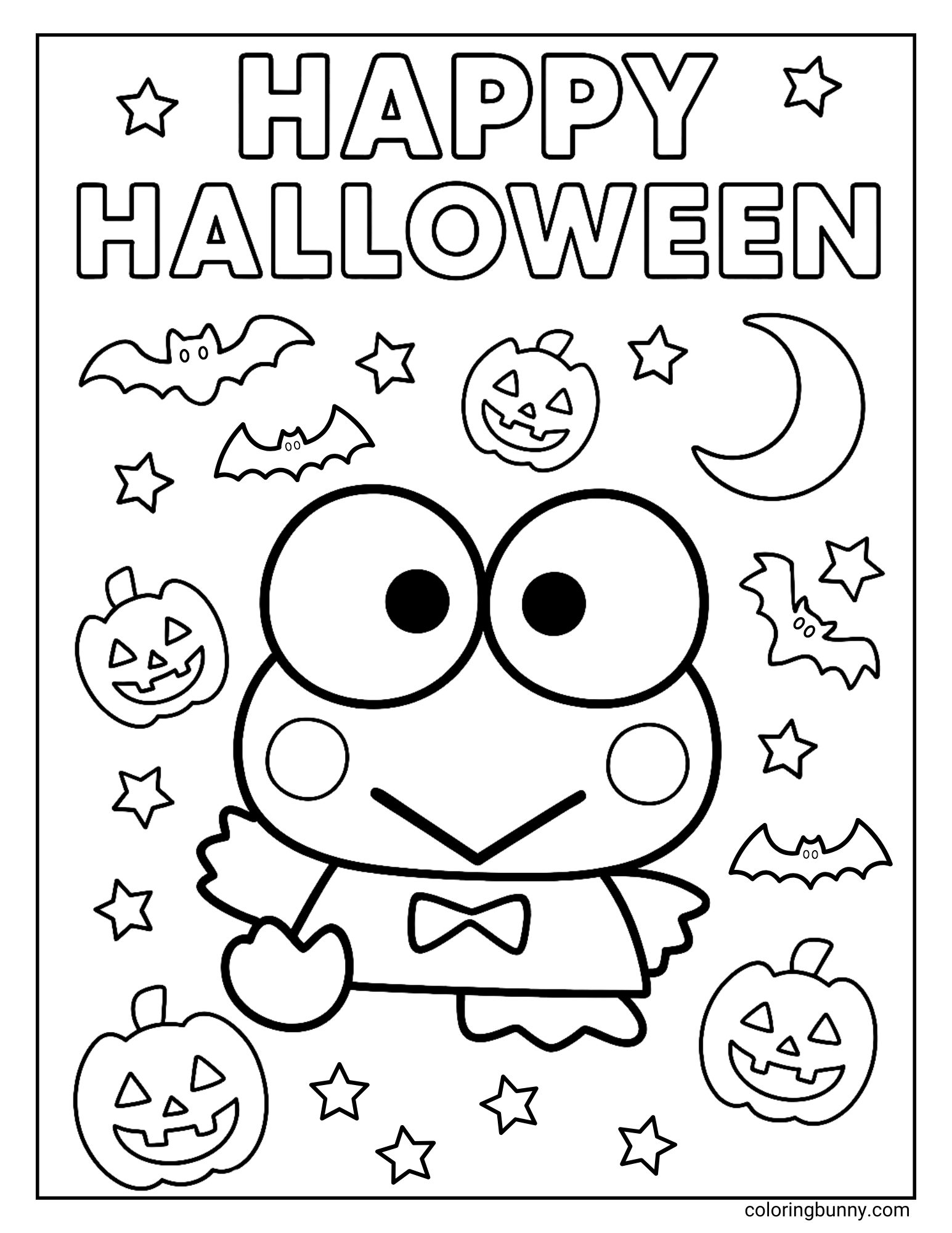 Keroppi Halloween coloring page of Sanrio’s Keroppi surrounded by jack-o’-lanterns, bats, stars, and a crescent moon with the words "Happy Halloween" above.