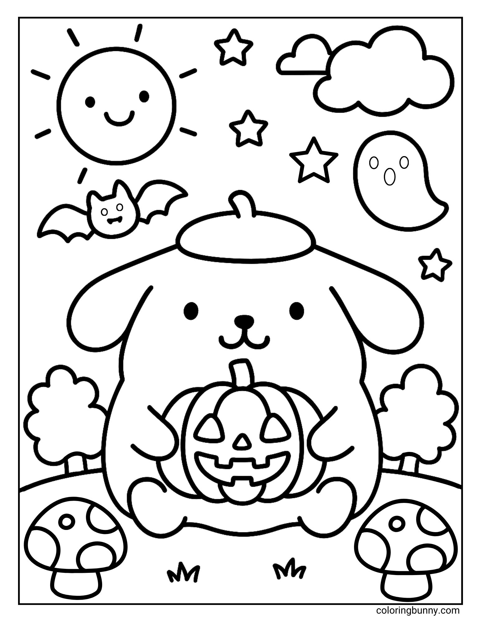 Coloring page of Pompompurin holding a jack-o’-lantern, surrounded by trees, mushrooms, a ghost, bat, stars, and a smiling sun.