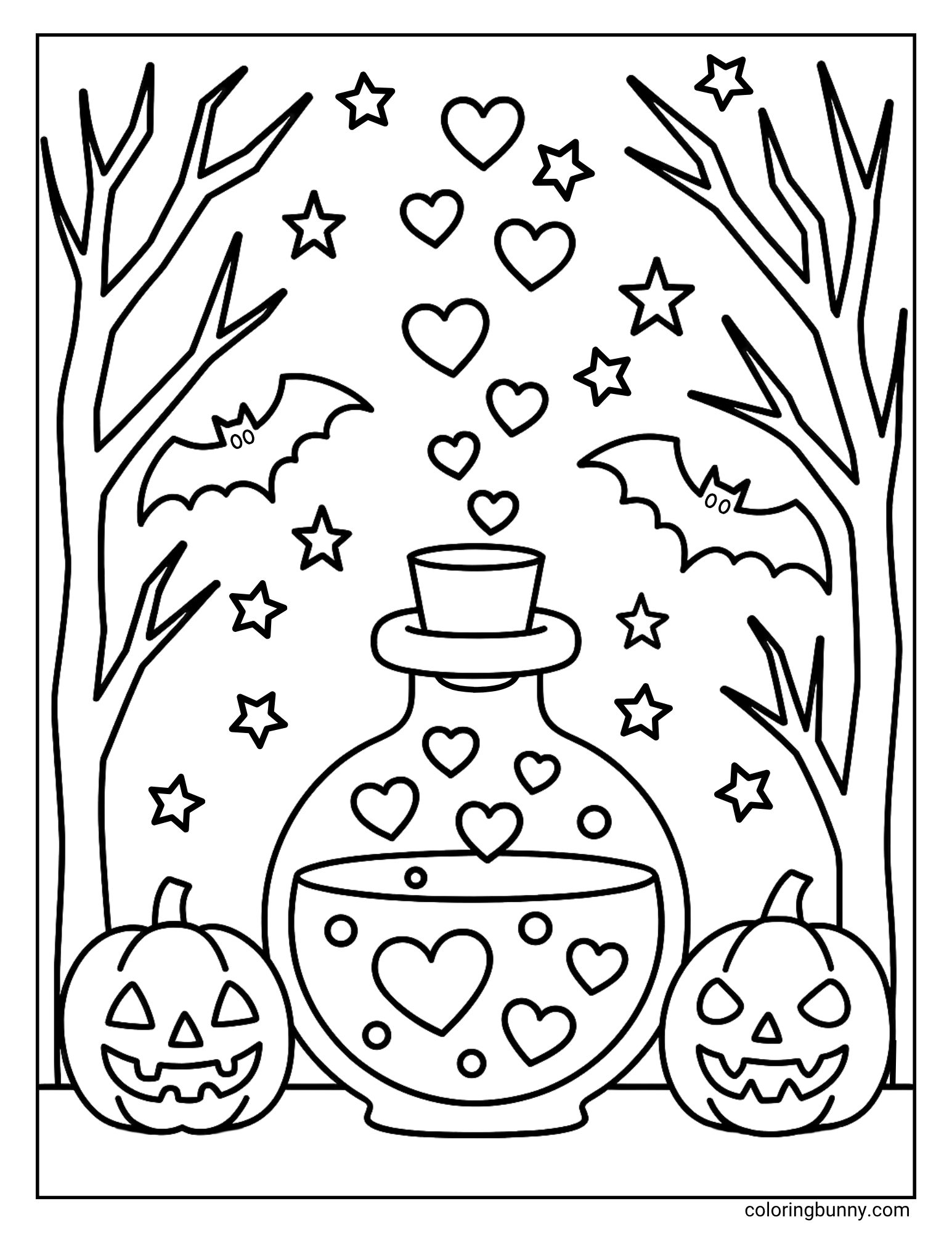 A magical Halloween coloring sheet centered around a bubbling love potion in a bottle. Hearts are floating inside the potion and rising out of the top, surrounded by two jack-o'-lanterns, spooky trees, and flying bats under a starry sky.