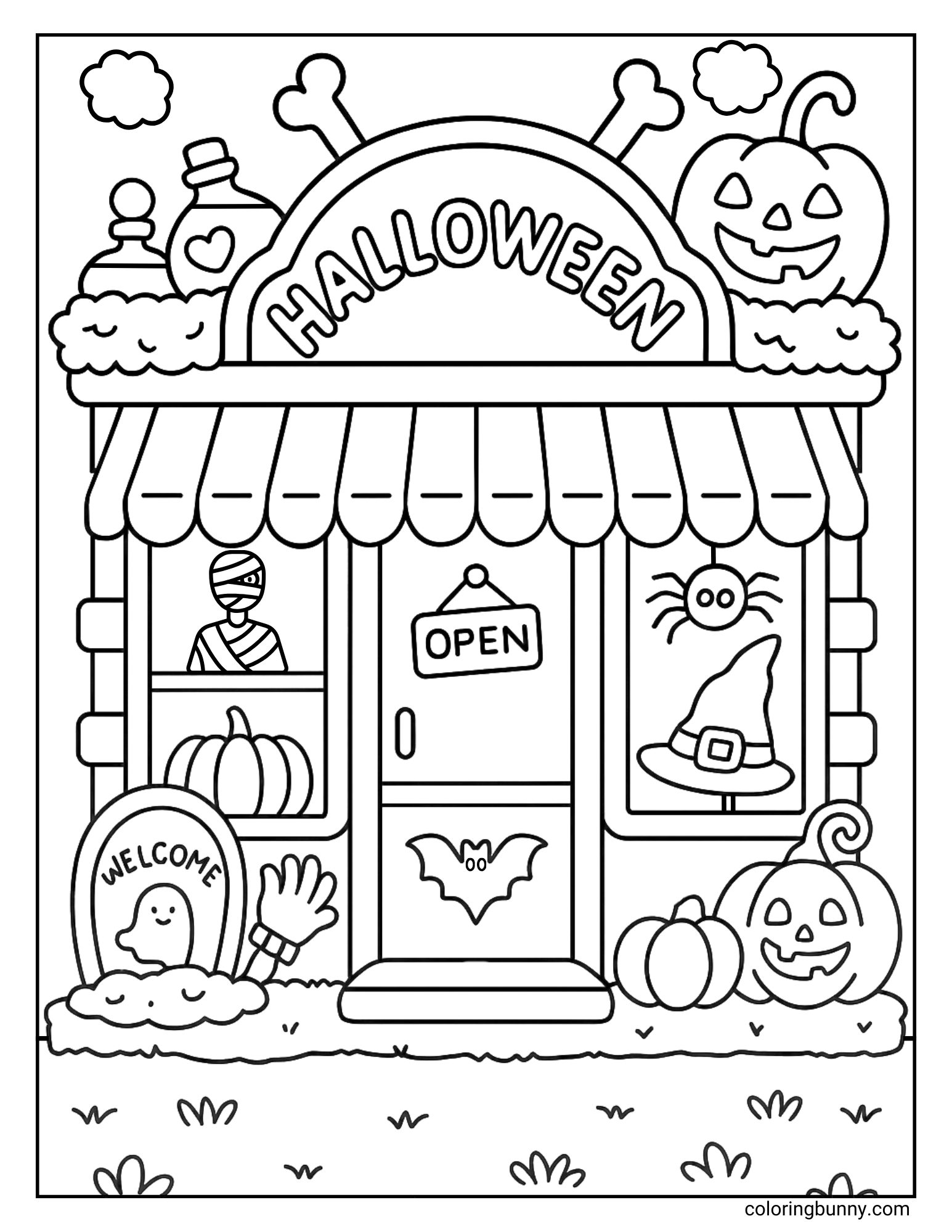 Halloween coloring page of a spooky shop decorated with pumpkins, ghosts, and a witch hat.