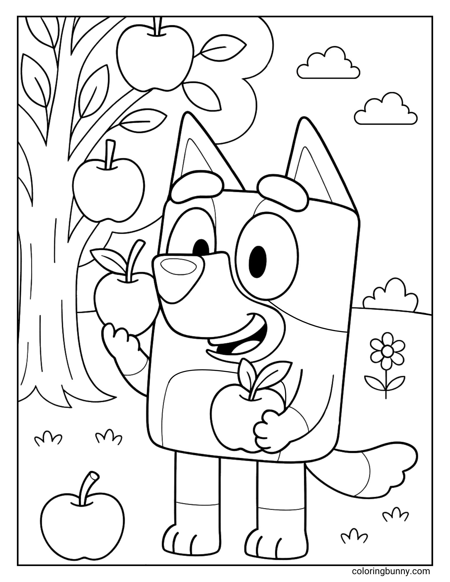 A black and white Bluey coloring page showing Bluey picking apples from a tree with a basket on the ground.