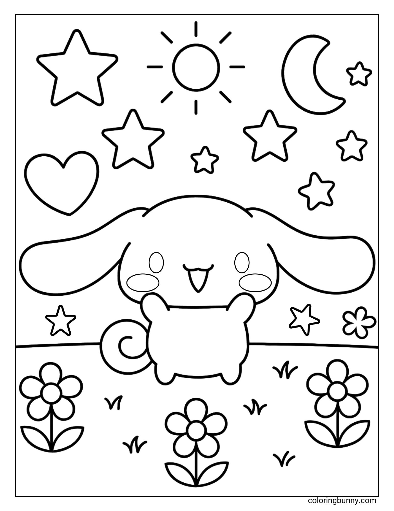A Cinnamoroll coloring page featuring the Sanrio puppy smiling in a meadow filled with flowers. Above him are large stars, a crescent moon, and the sun all glowing together in the sky, blending day and night.